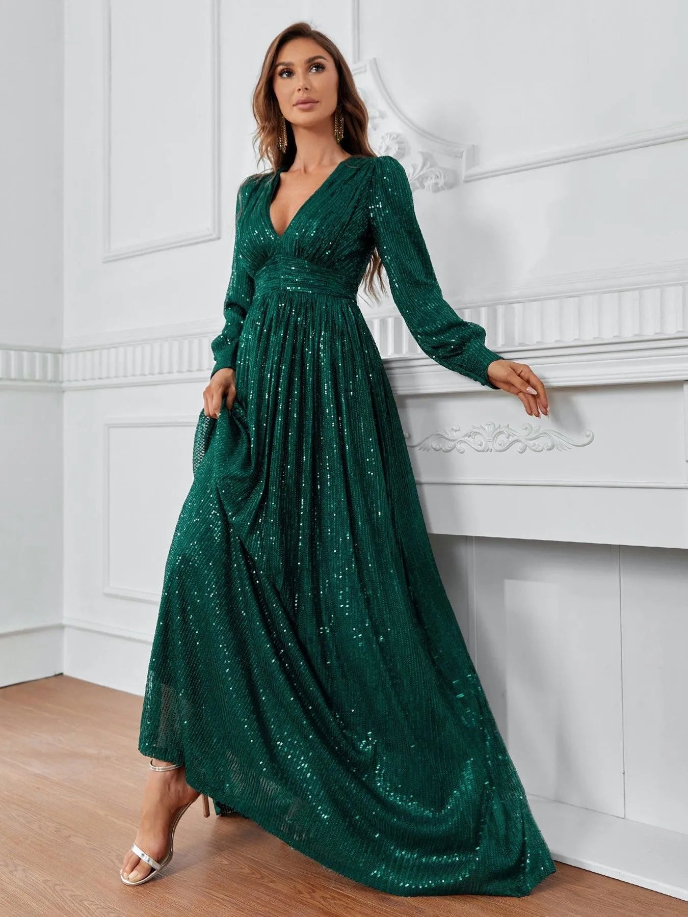 Elegant V Neck Lantern Sleeve Sequin Formal Dresses