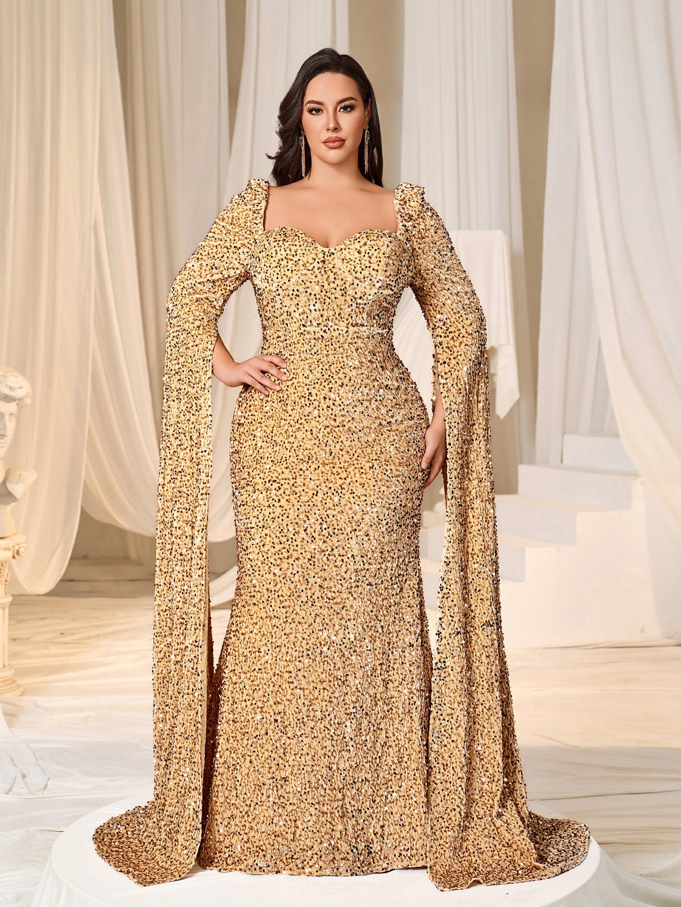 Plus Sweetheart Neck Extra-Long Sleeves Sequin Evening Dress