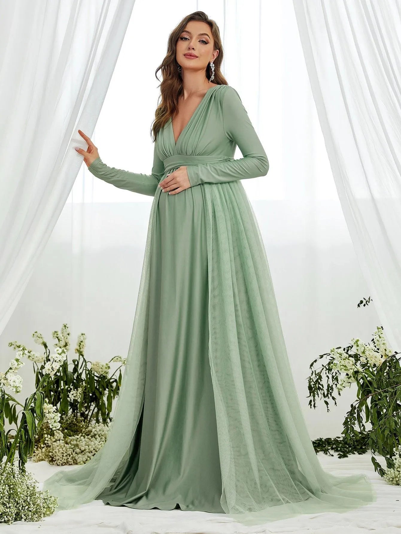 Maternity Plunging Neck Long Sleeve Contrast Mesh Formal Dress