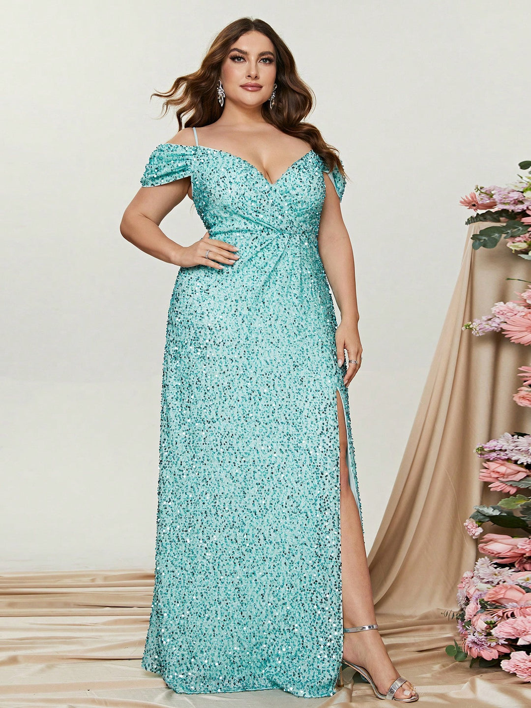 Plus Elegant Off Shoulder Short Sleeve Sequin A Line Slit Dresses