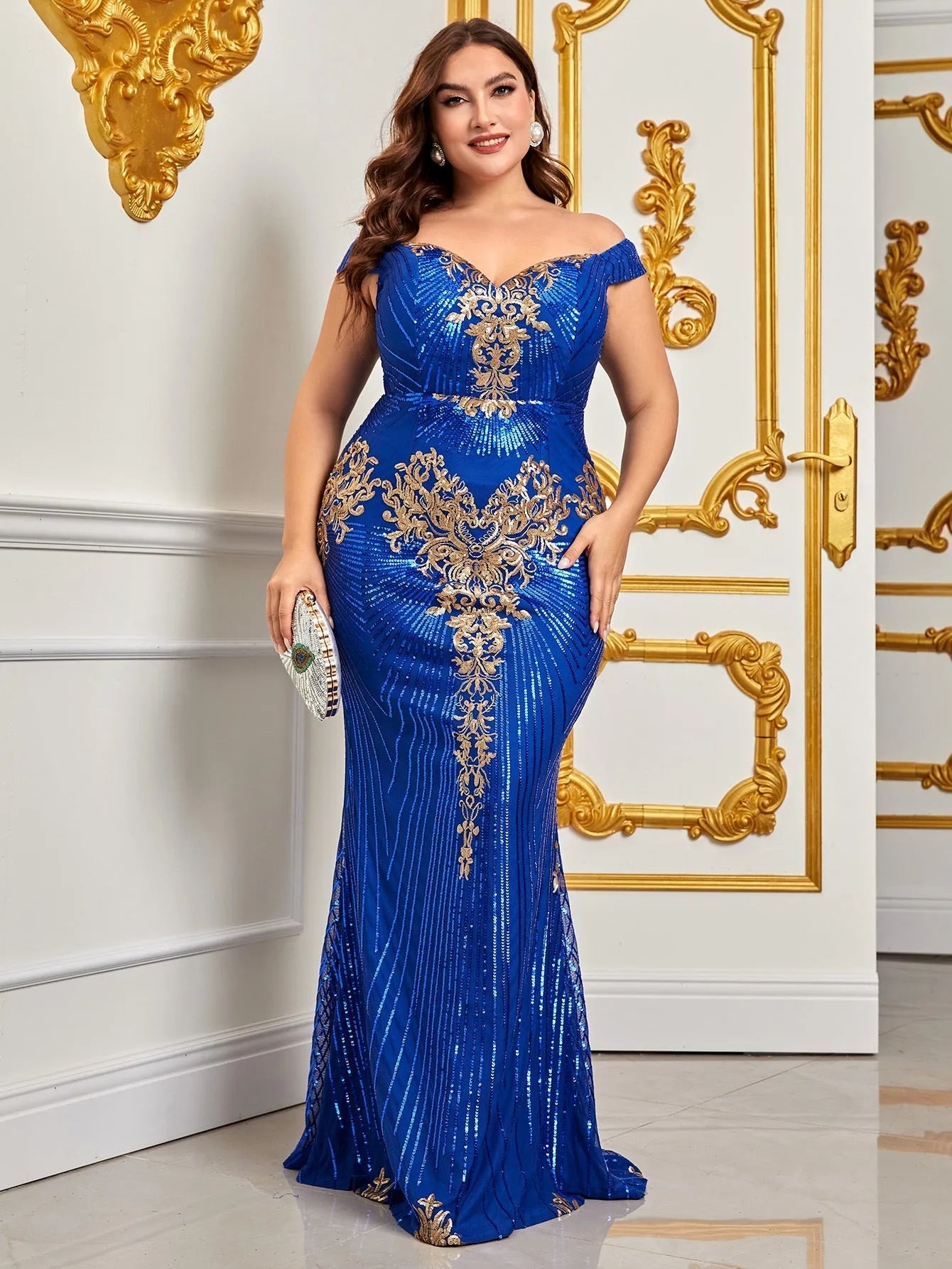 Plus Off Shoulder Mermaid Hem Sequin Formal Prom Dress