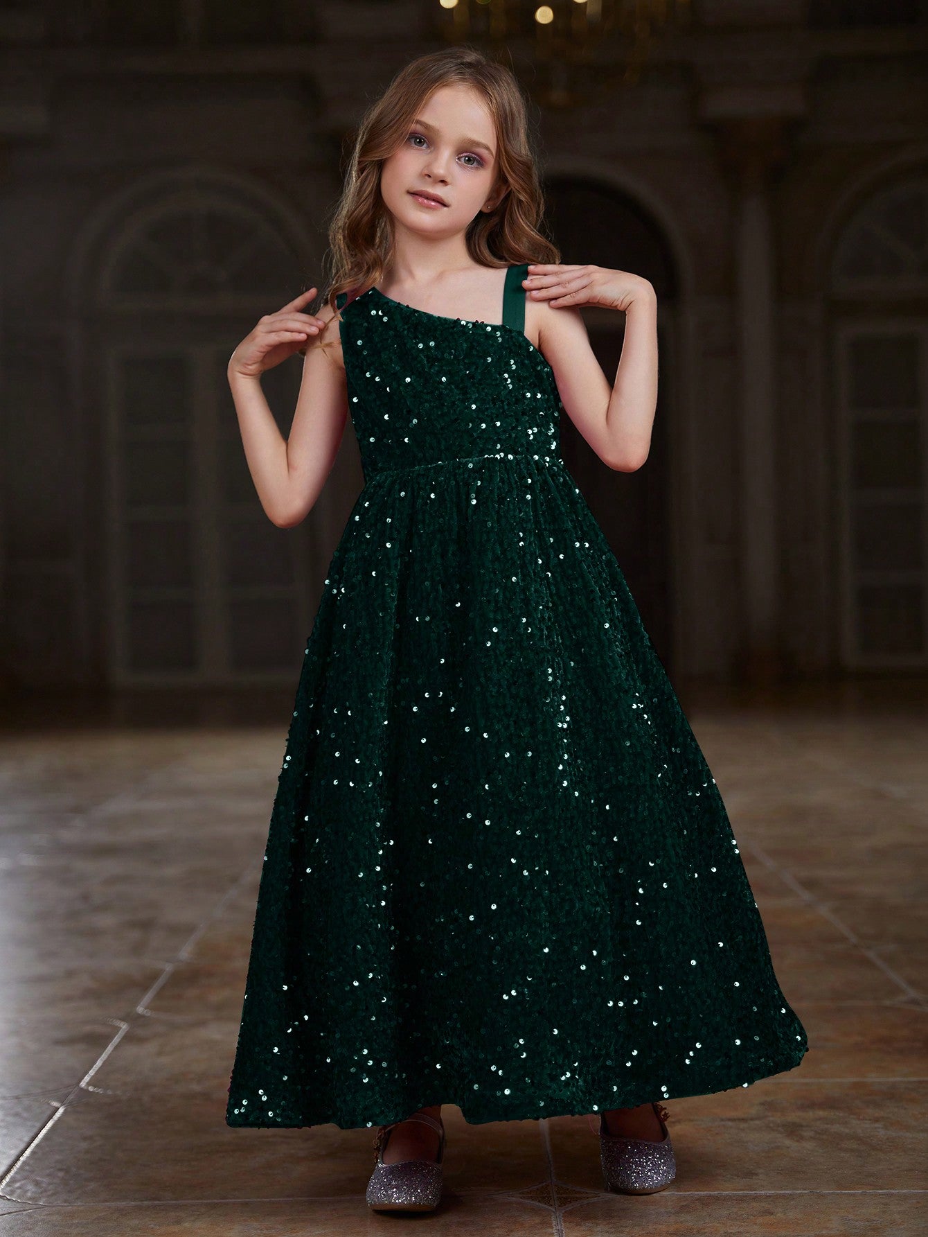 Tween Girls' Asymmetrical Neckline Sleeveless Sequin Party Dress