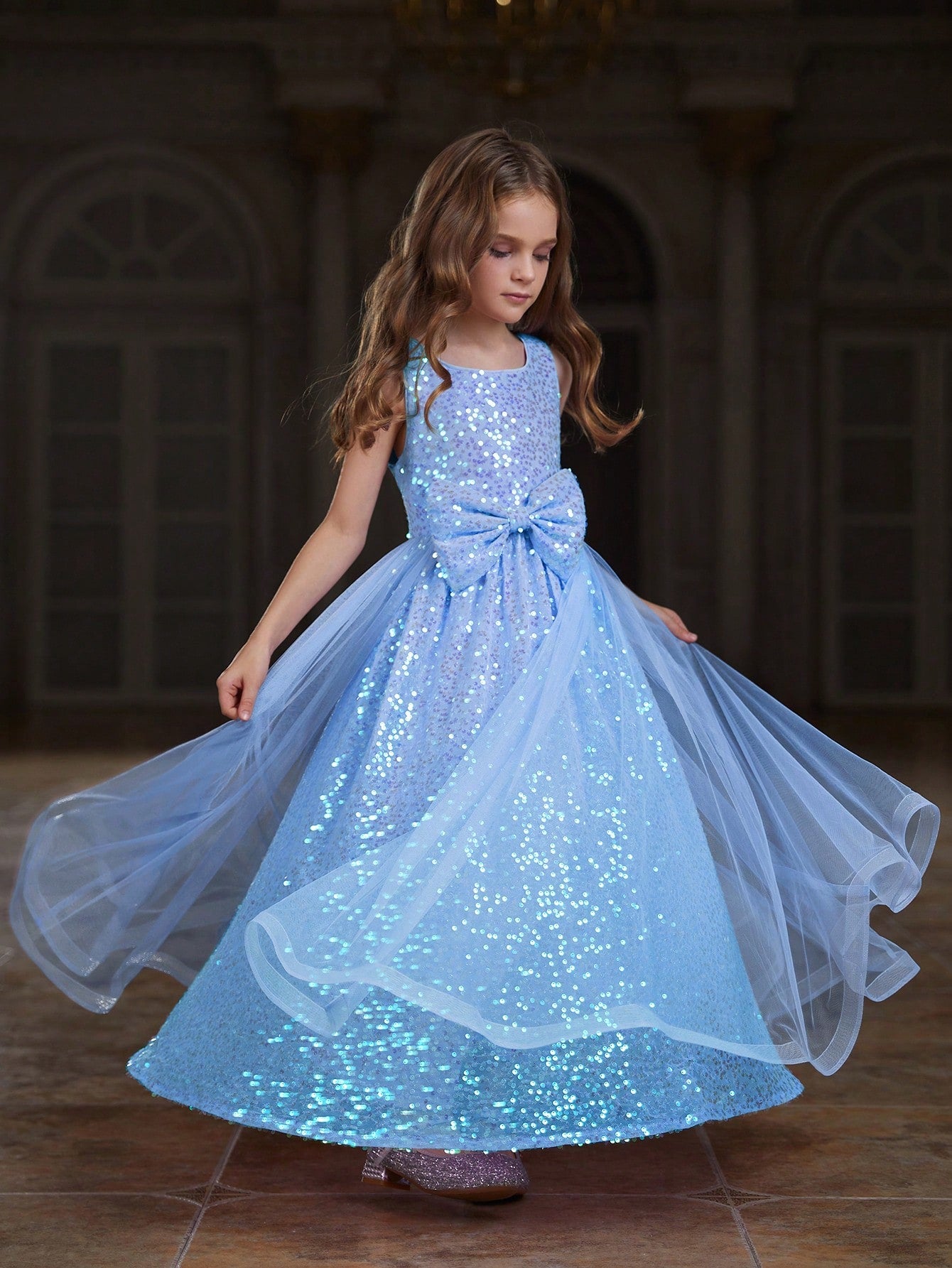 Tween Girls' Round Neck Sleeveless Mesh Overlay Sequin Dress