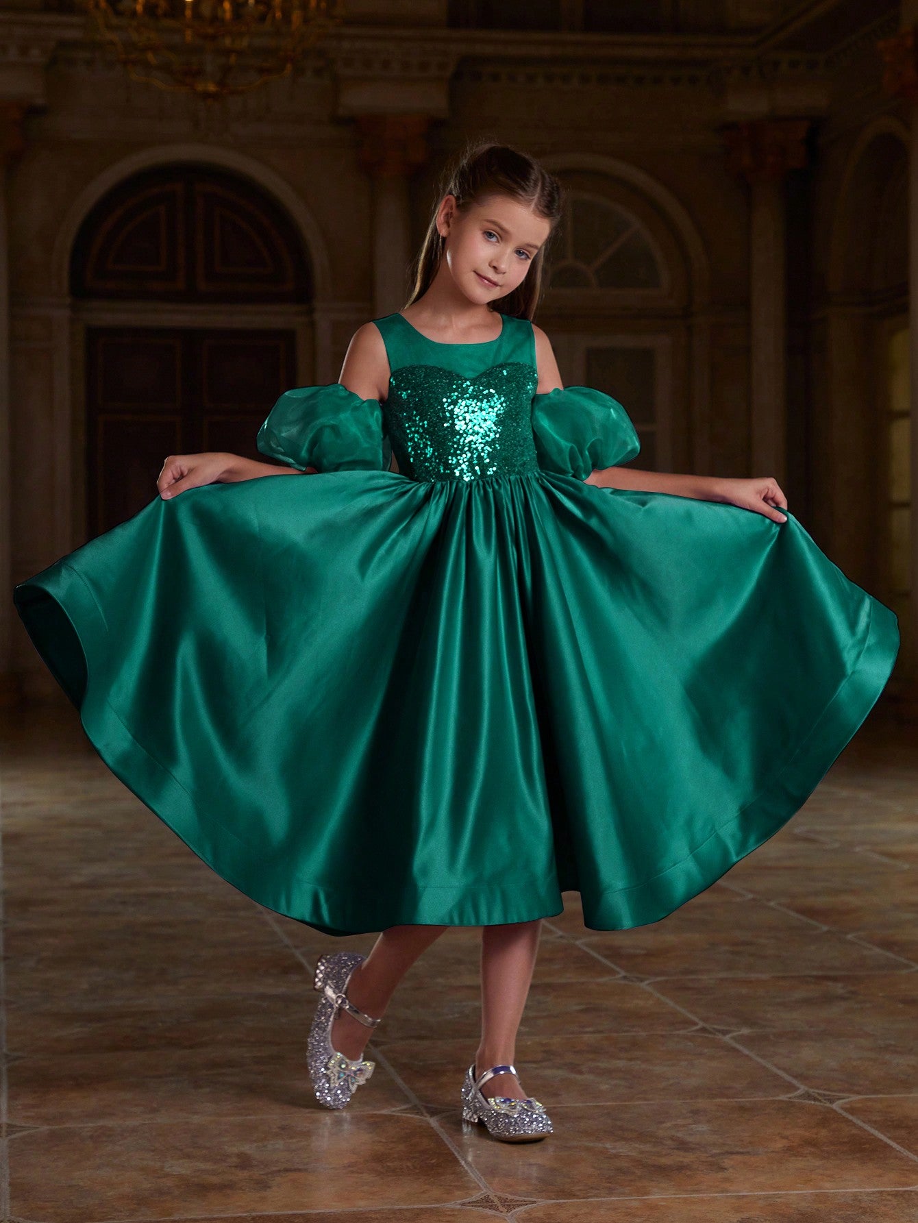 Girl's Puff Sleeve Sequin Contrast Satin Dress