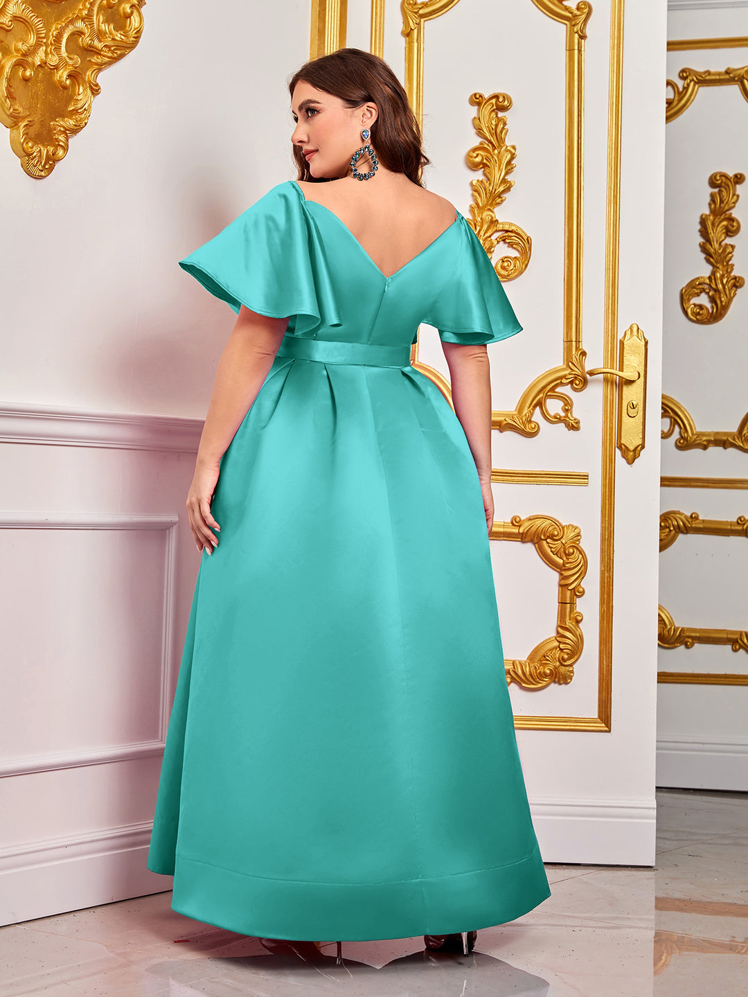 Plus Elegant V-Neck Ruffle Short Sleeves Wide Waist Belt Prom Gown