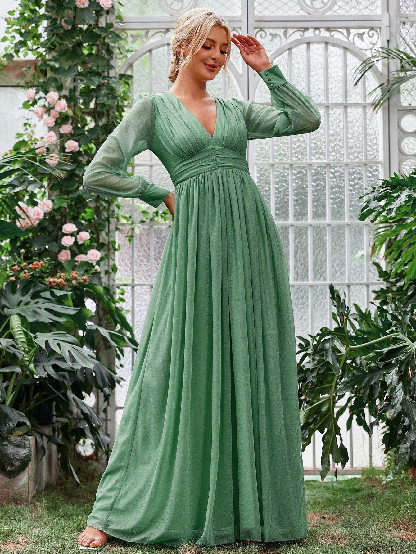 Elegant V Neck Lantern Sleeve Ruched Waist Maxi Dresses