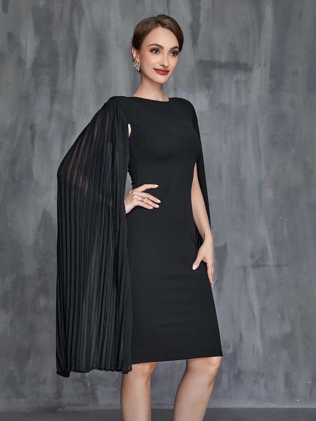 Womens' Pleated Cloak Sleeves Midi Dress