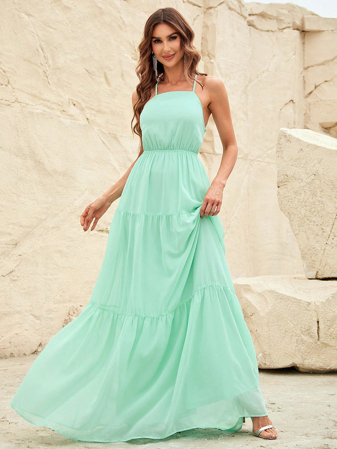 Back Lace Up Chiffon Tiered Maxi Dress