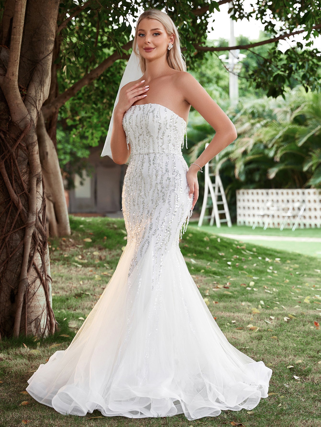 Mesh Insert Mermaid Hem Sequin Tube Wedding Dresses