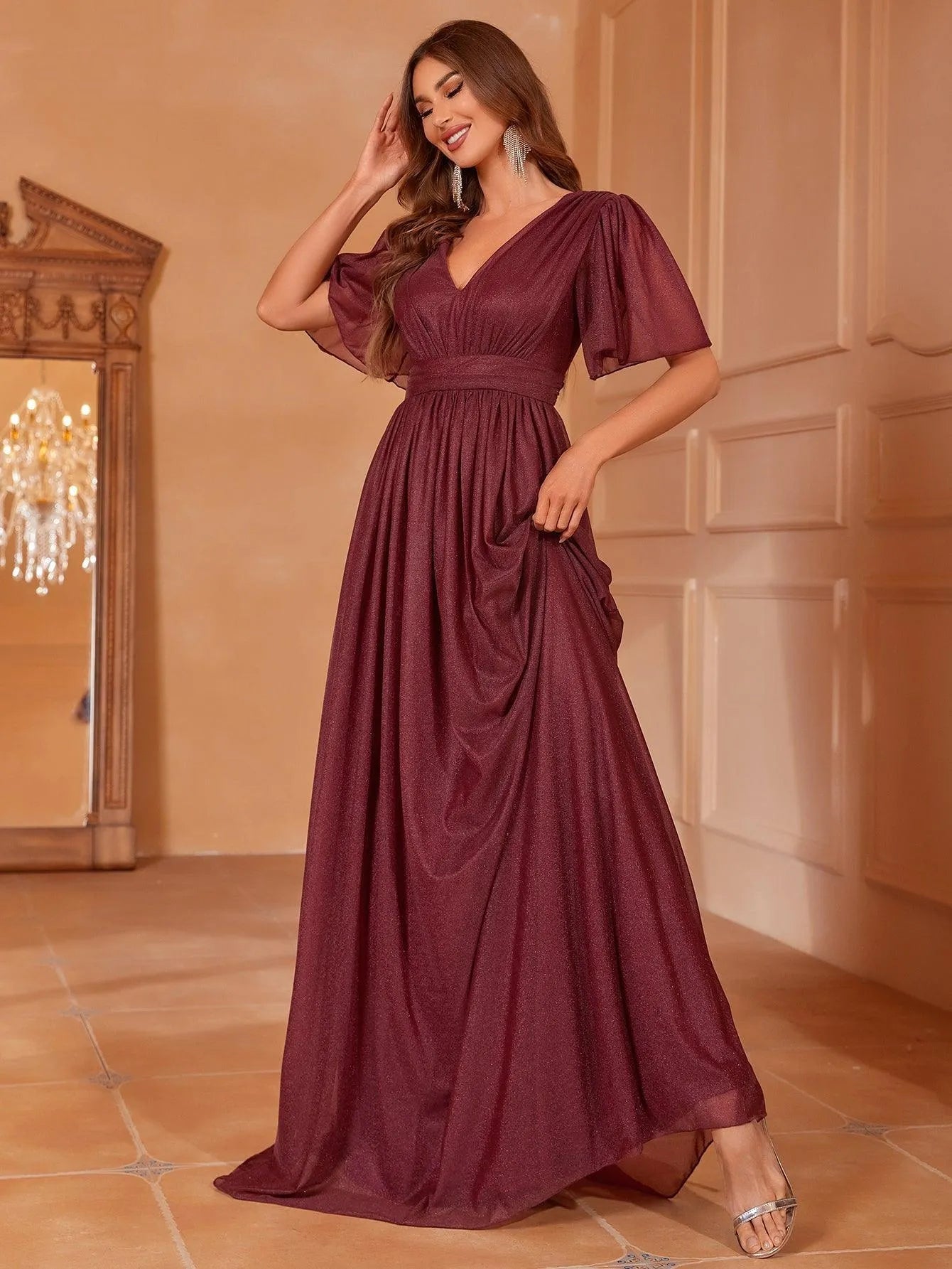 Elegant V Neck Short Sleeve Maxi A Line Dress