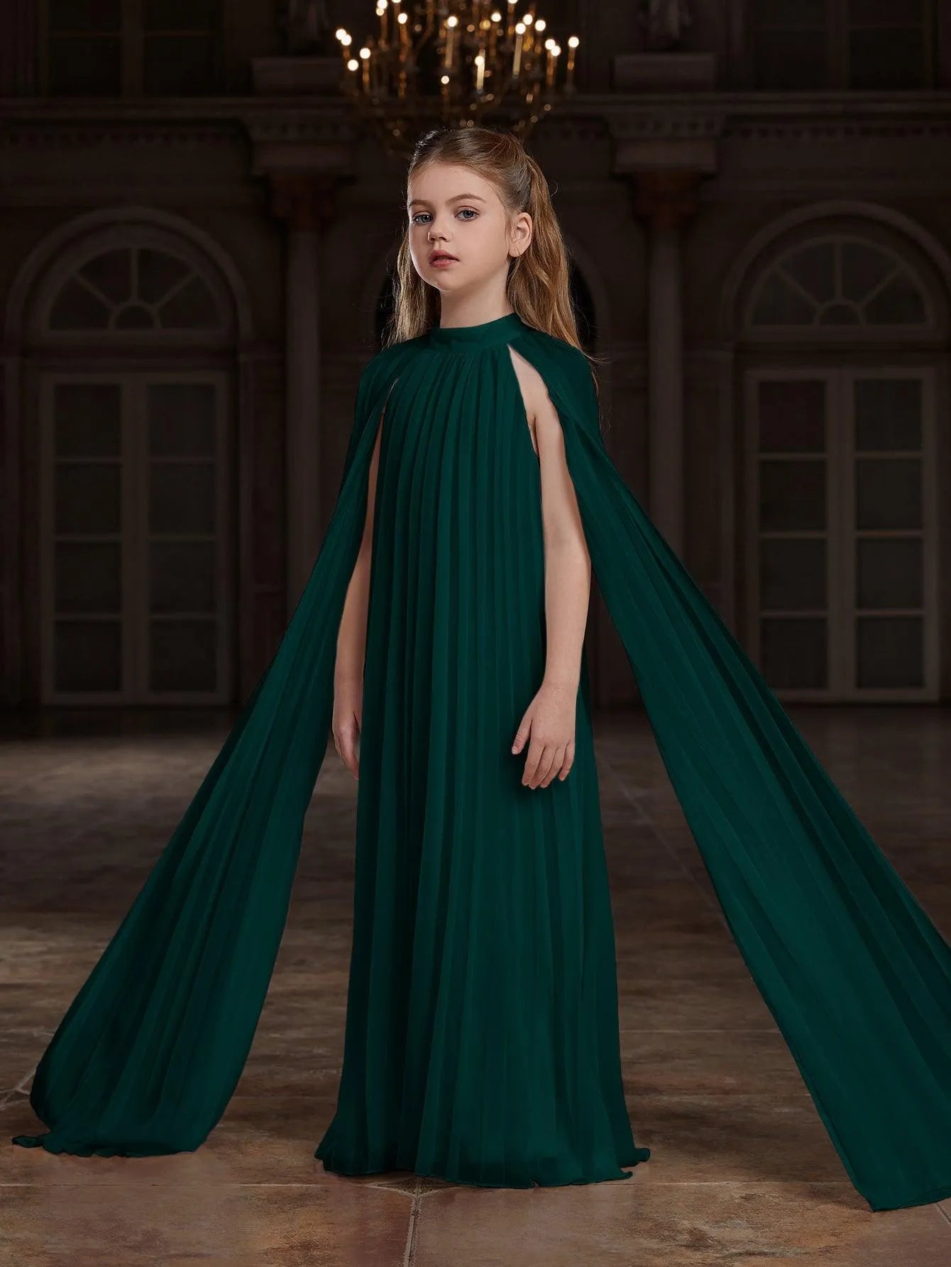 Tween Girls' Mock Neck Extra-Long Sleeves Pleated Chiffon Dress