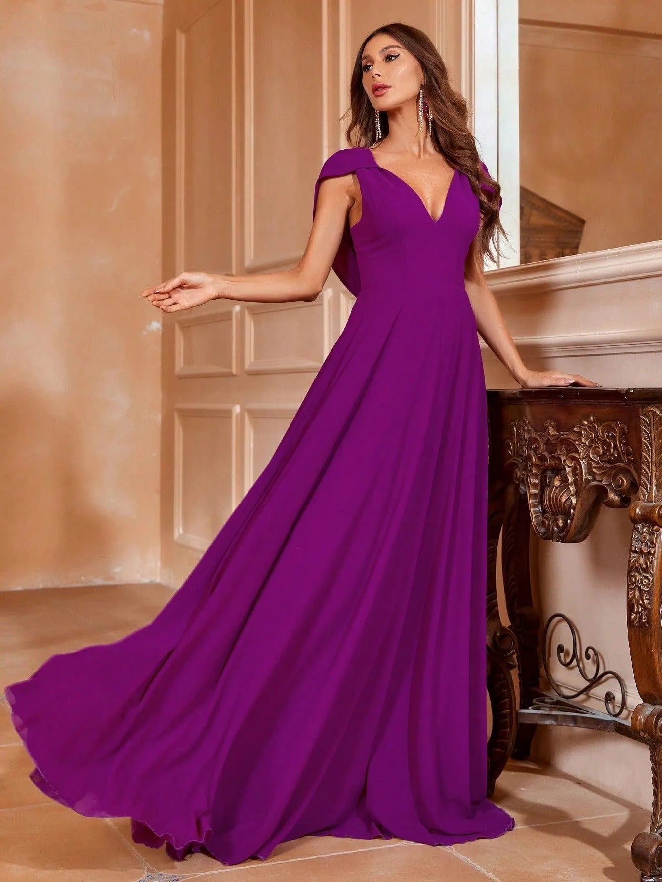 Solid V Neck Draped Back Chiffon A Line Dress