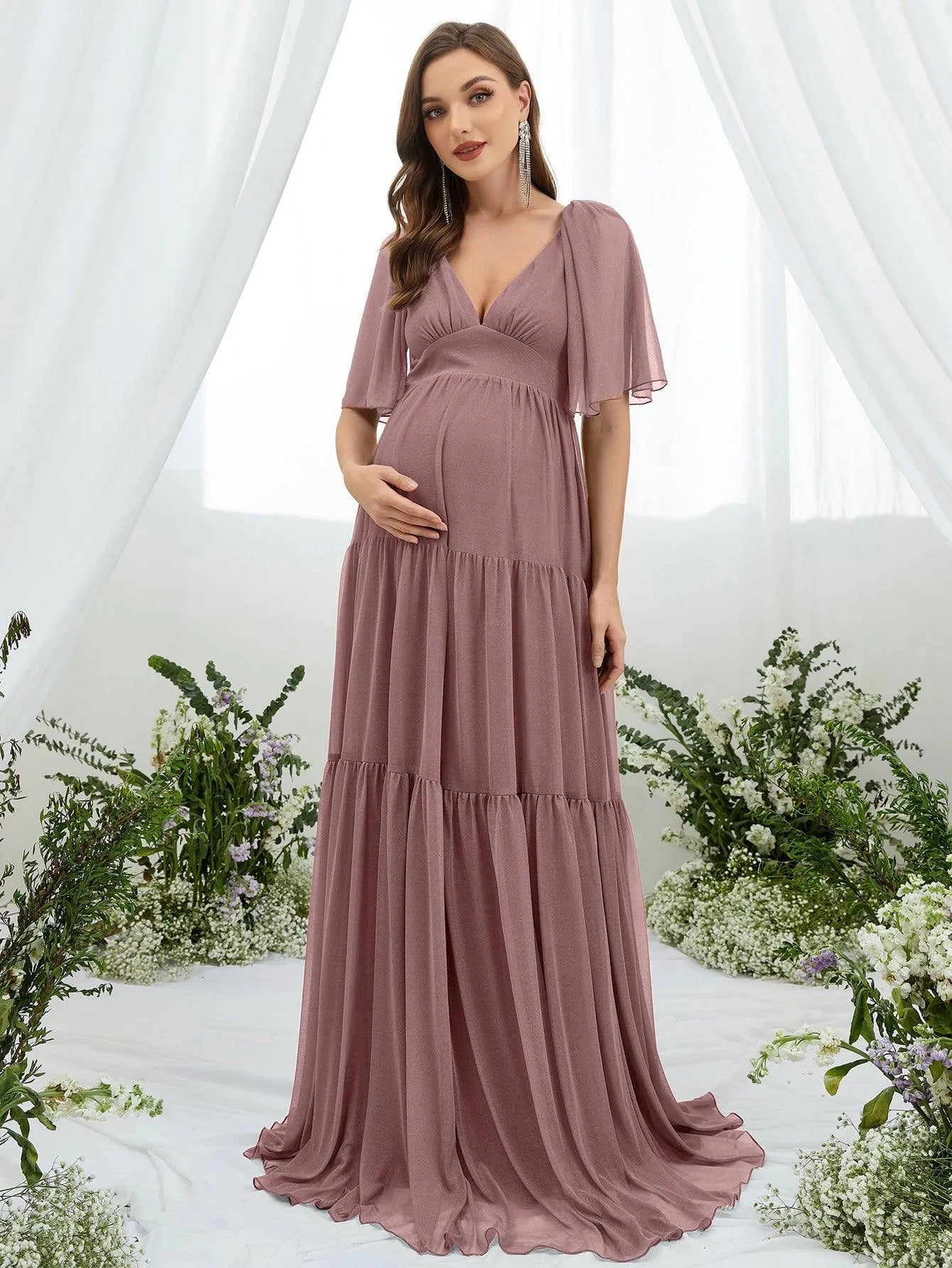 Maternity Plunging Neck Butterfly Sleeve Ruffle Hem Dress