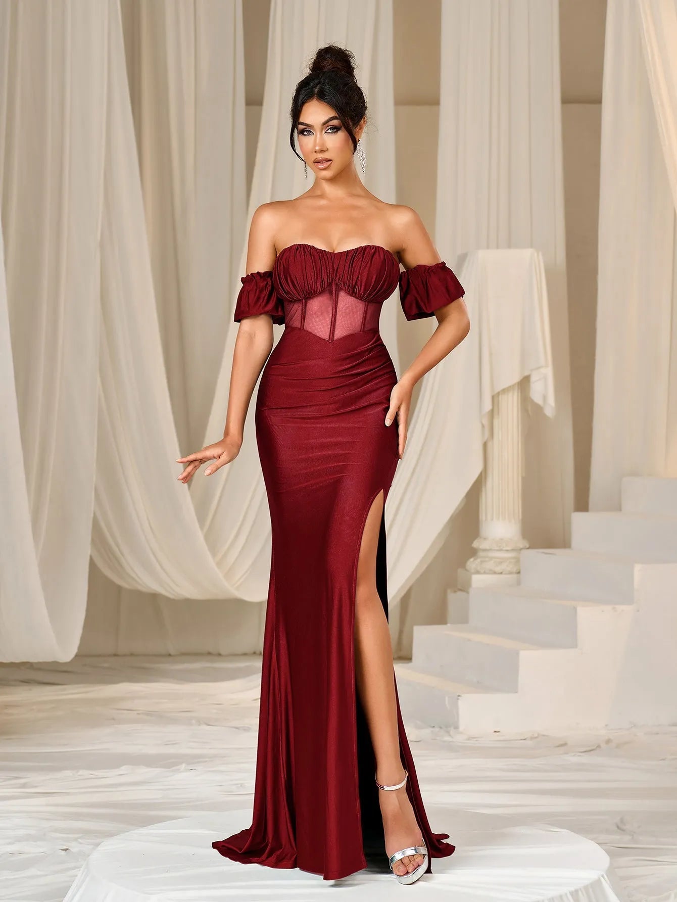 Elegant Off Shoulder Ruched Bust Split Mermaid Hem Evening Dress