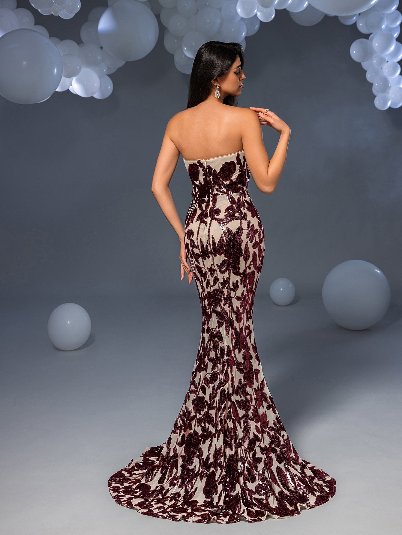 Elegant Strapless Mermaid Hem Floral Sequin Evening Dress