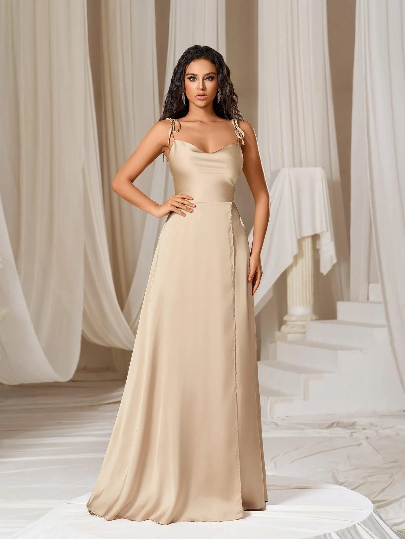 Elegant Tie Shoulder Satin Bridesmaid Dress