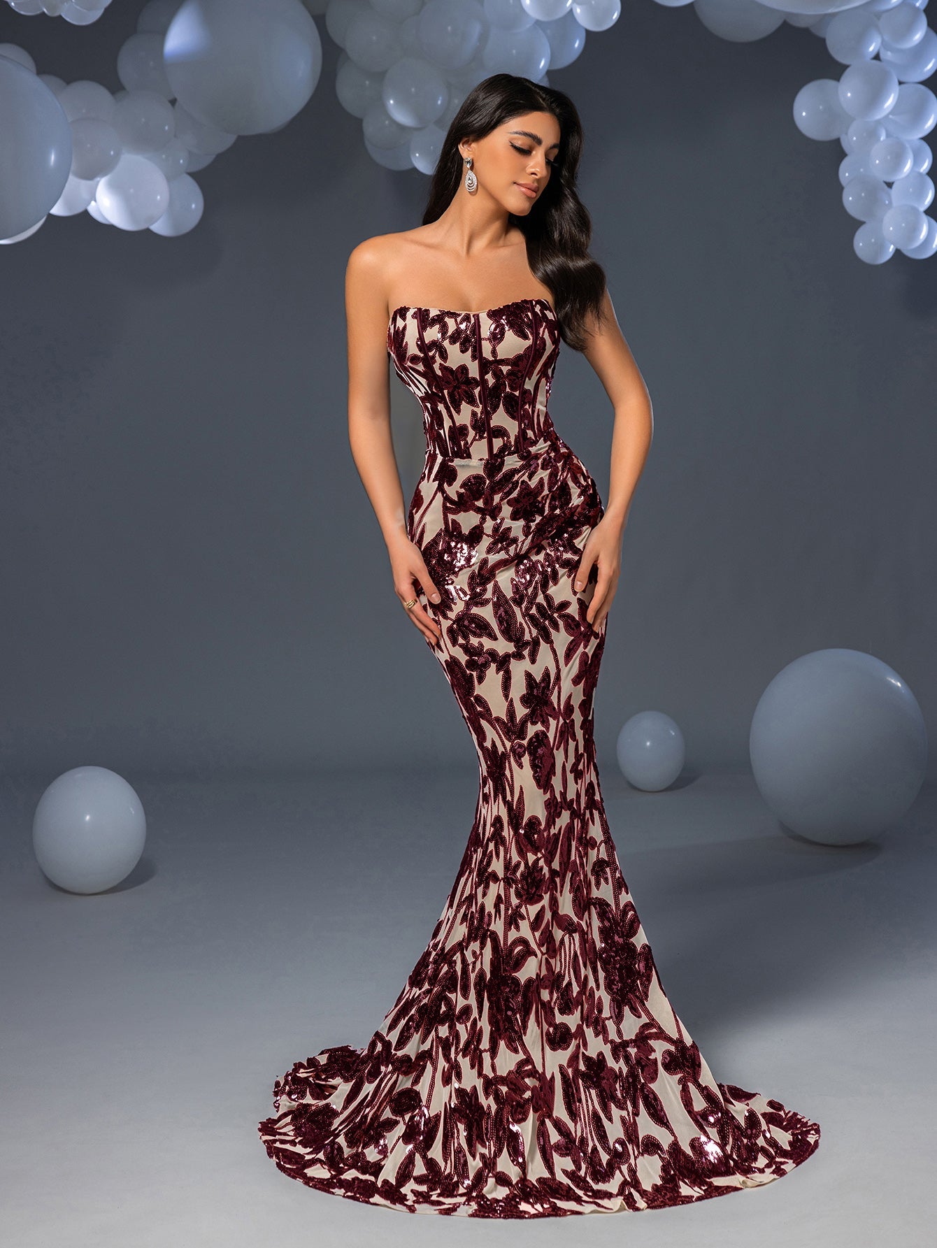 Elegant Strapless Mermaid Hem Floral Sequin Evening Dress