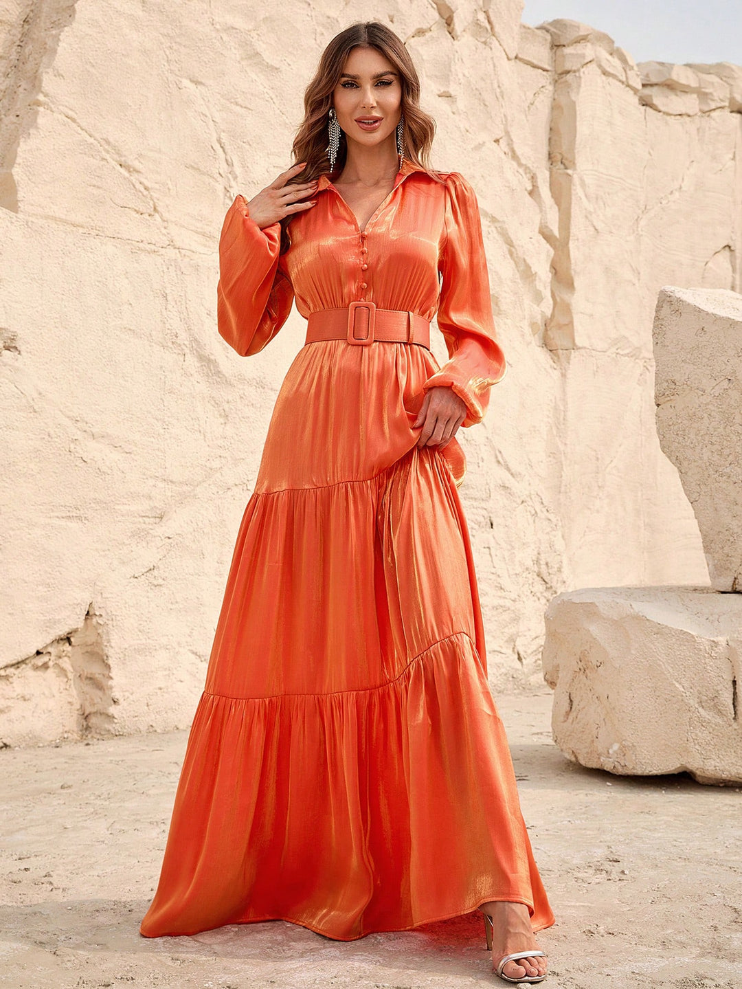 Elegant Lantern Sleeve Ruffle Hem Belted Chiffon Dress