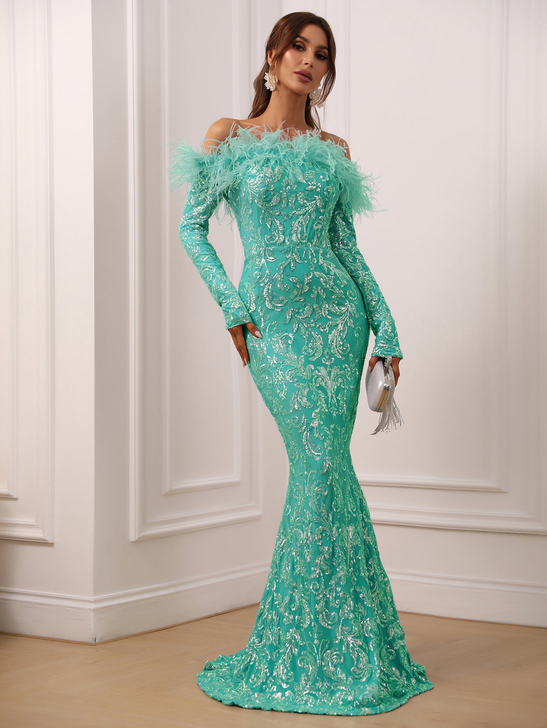 Evening Gown Long Sleeve Prom Dress With Feathers