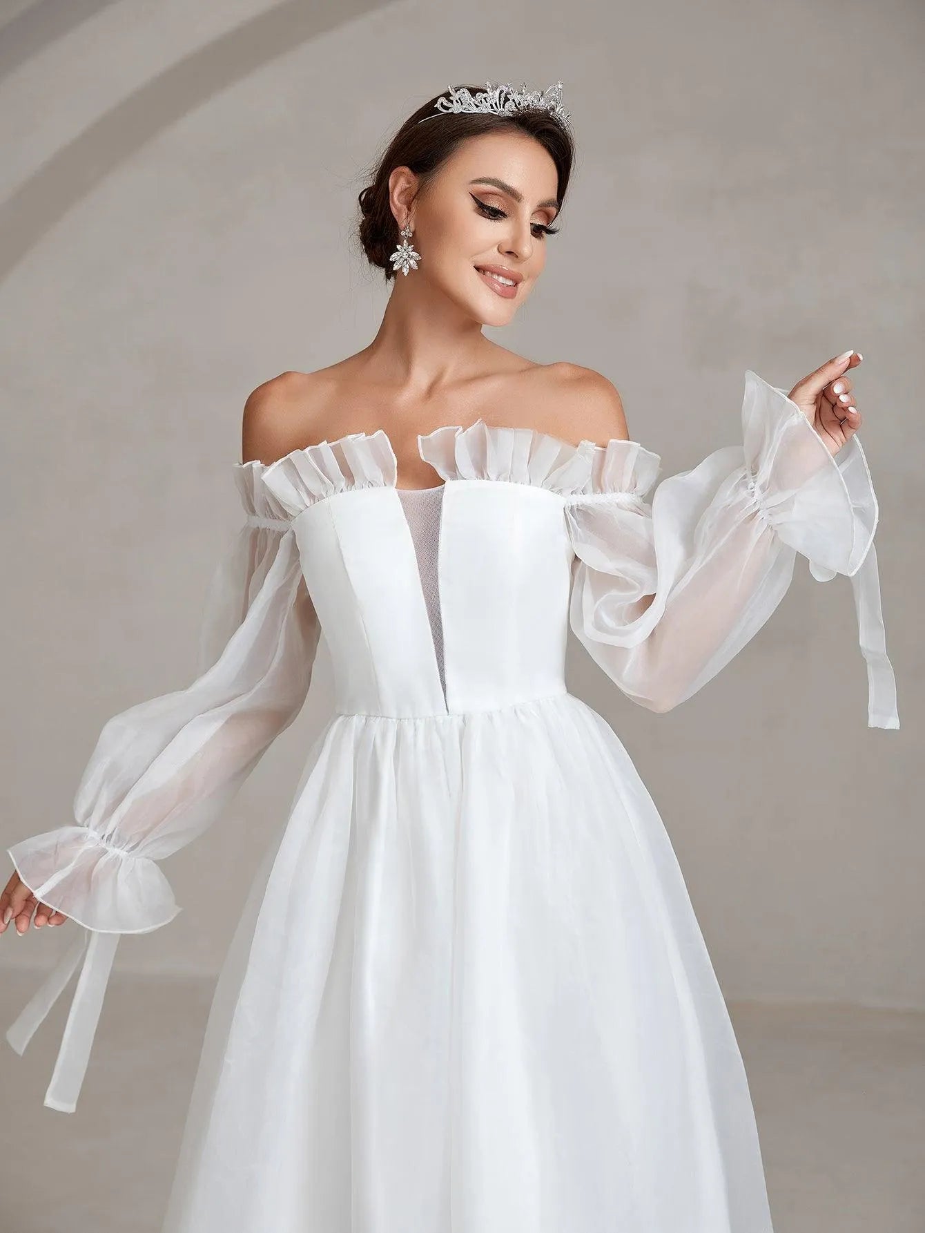 Ruffle Trim Off Shoulder Flounce Sleeve A Line Wedding Dress