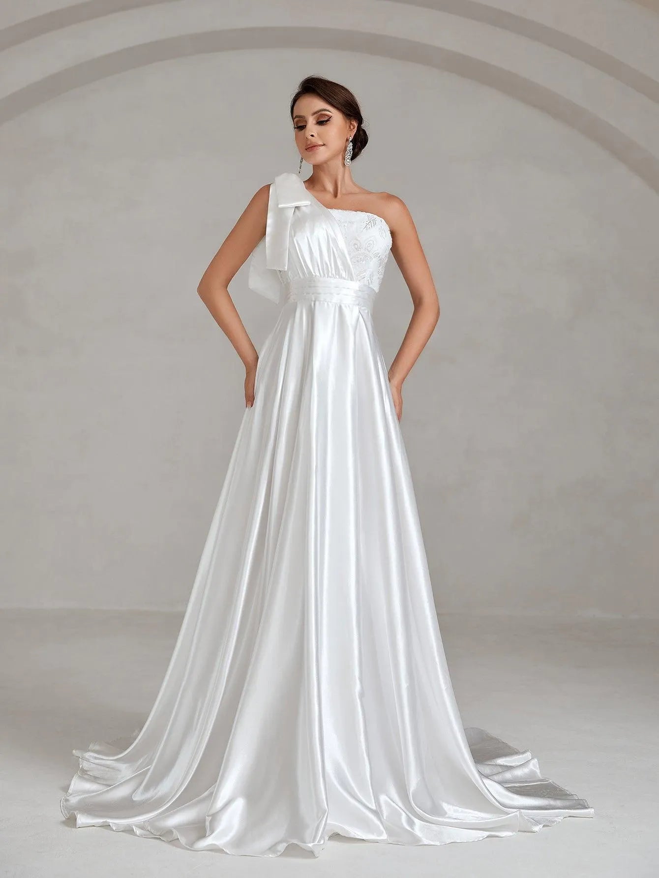 One Shoulde Floor Length Satin Wedding Dress