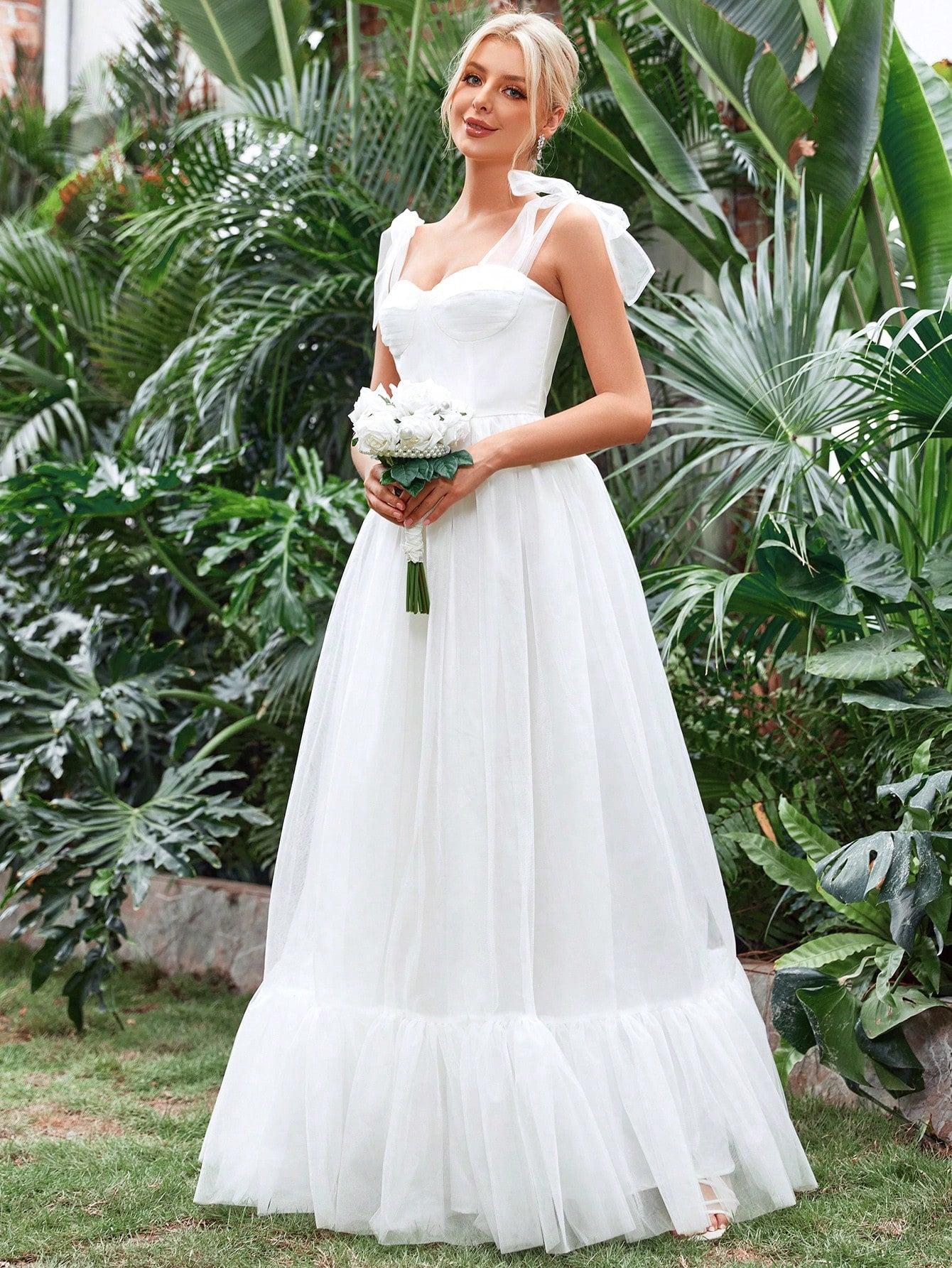 Tie Shoulder Ruffle Hem Mesh Wedding Dress