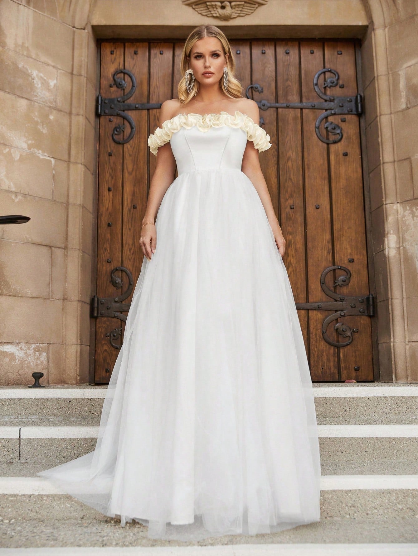 Off Shoulder Satin Bodice Contrast Organza Hem Wedding Dresses