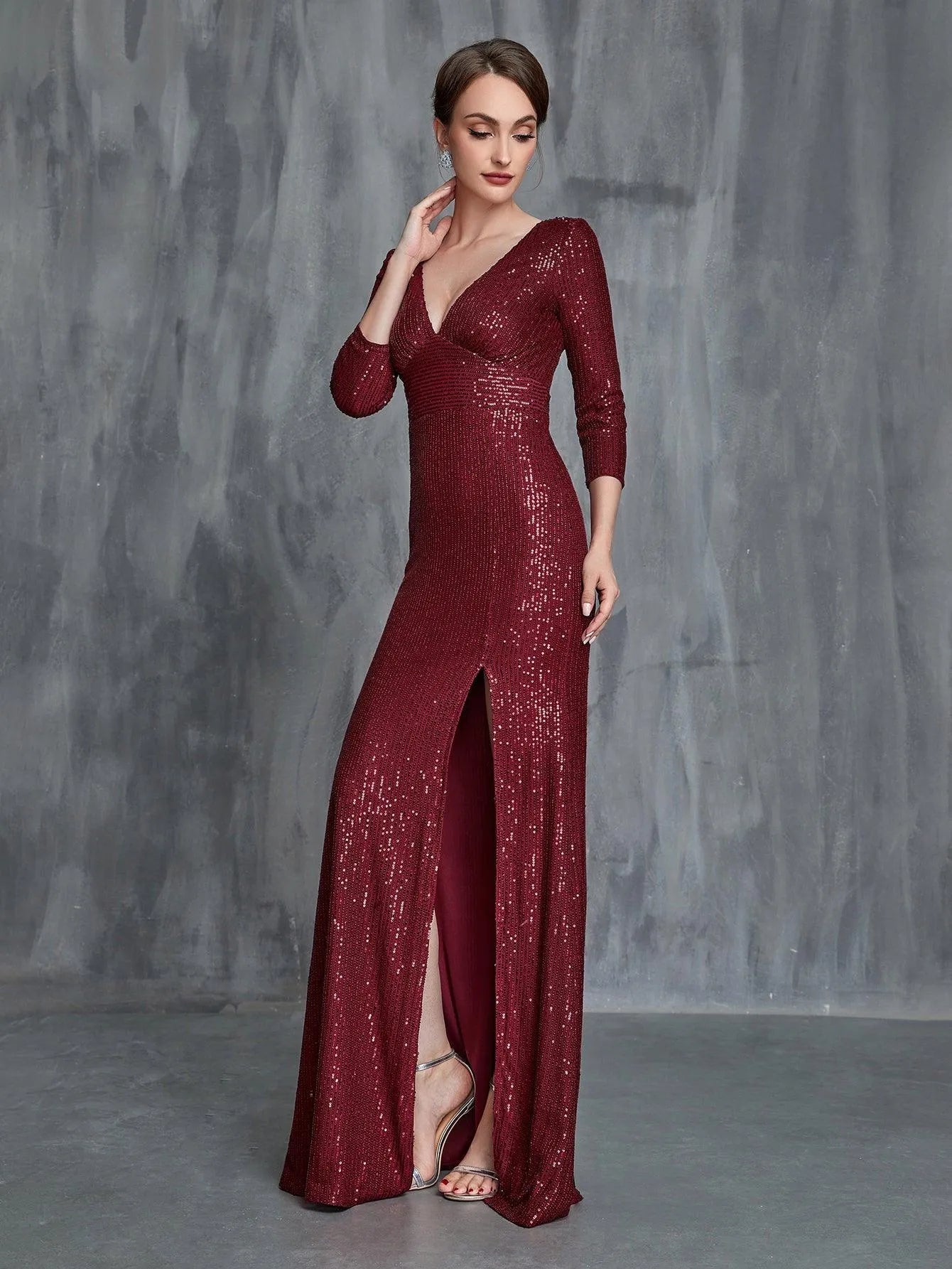 Womens' Plunging Neck Split Sequin Formal Dress