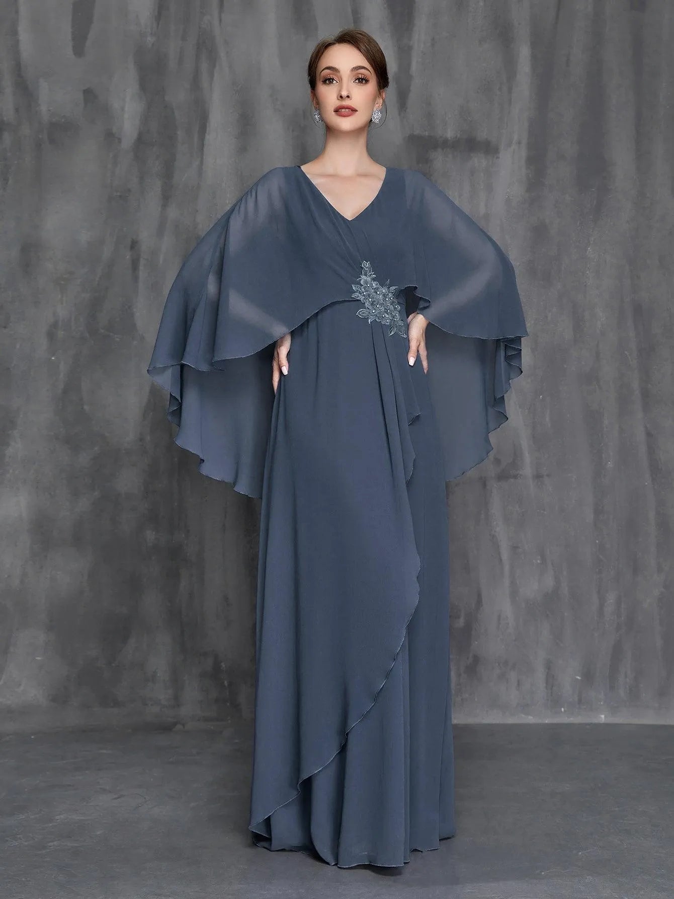 Womens' Applique Detail Chiffon Cape Dress