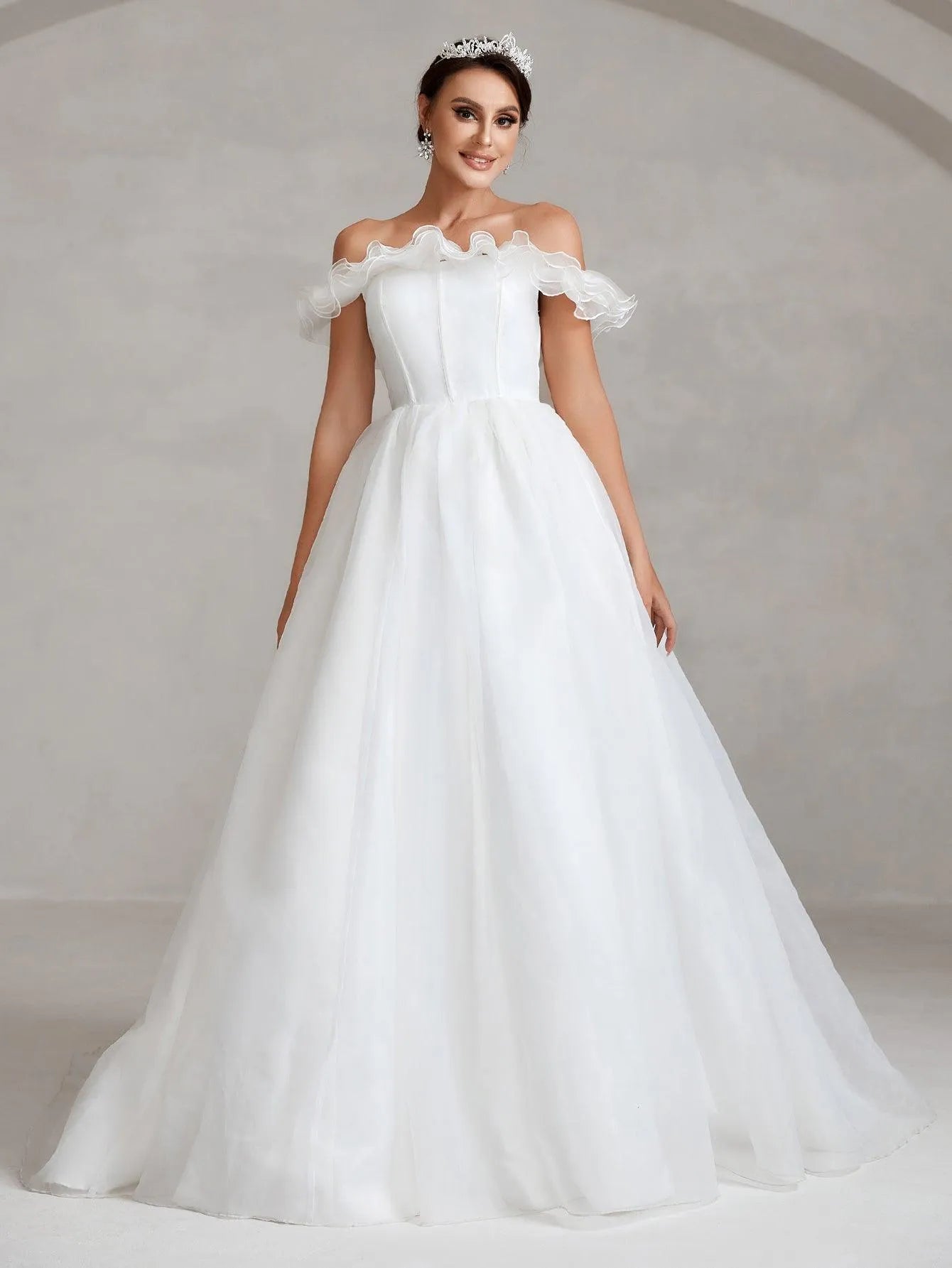 Off Shoulder Satin Bodice Contrast Organza Wedding Dress