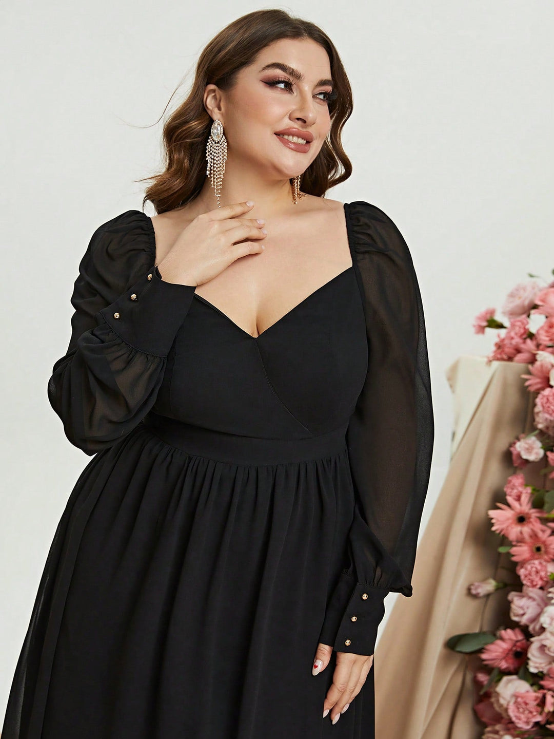 Plus Size Sweetheart Backless Long Sleeve Chiffon A line Dresses