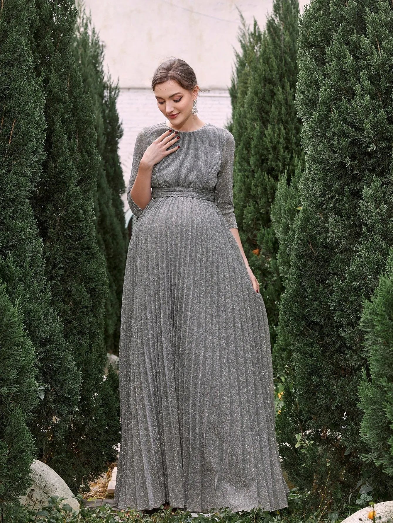 Maternity Glitter 3/4 Sleeves Pleated A Line Dress