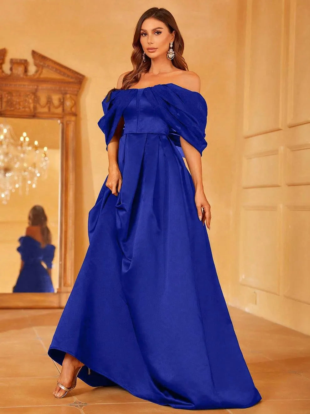 Off Shoulder Contrast Mesh Satin Formal Dress