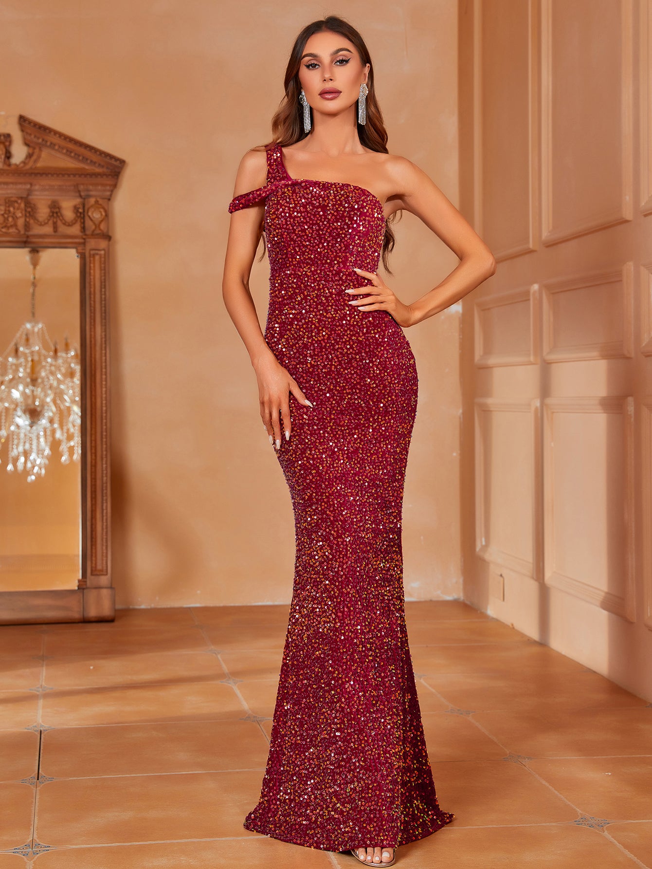 One Shoulder Backless Mermaid Hem Sequin Party Dress