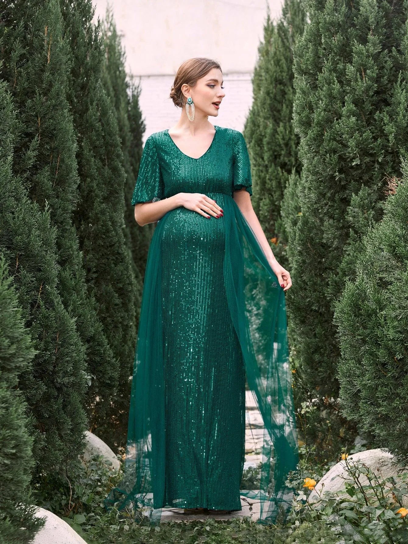 Maternity Mesh Overlay Puff Sleeves Sequin Prom Dress