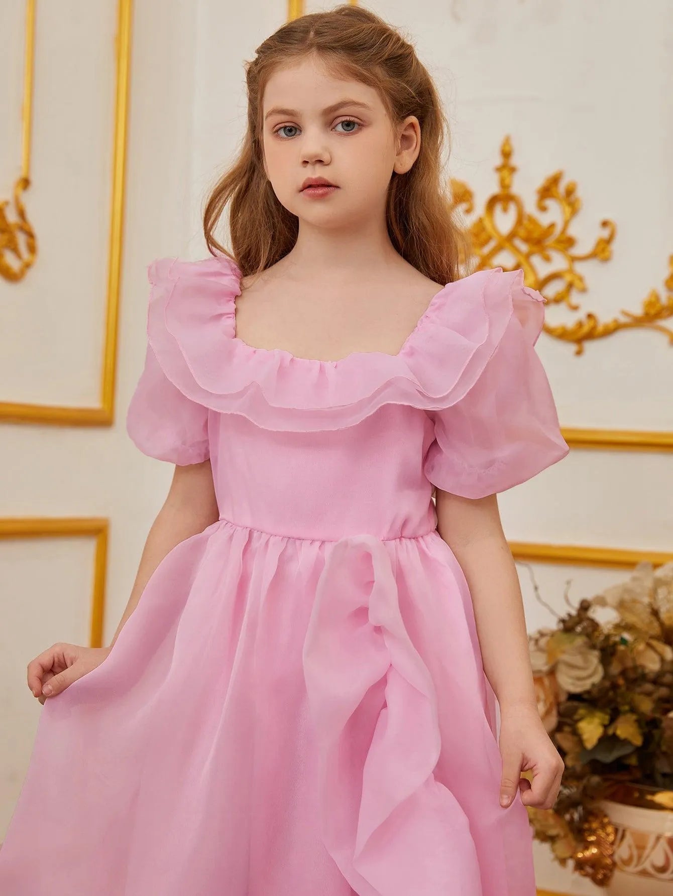 Tween Girls' Ruffle Trim Puff Sleeves Organza Party Dress