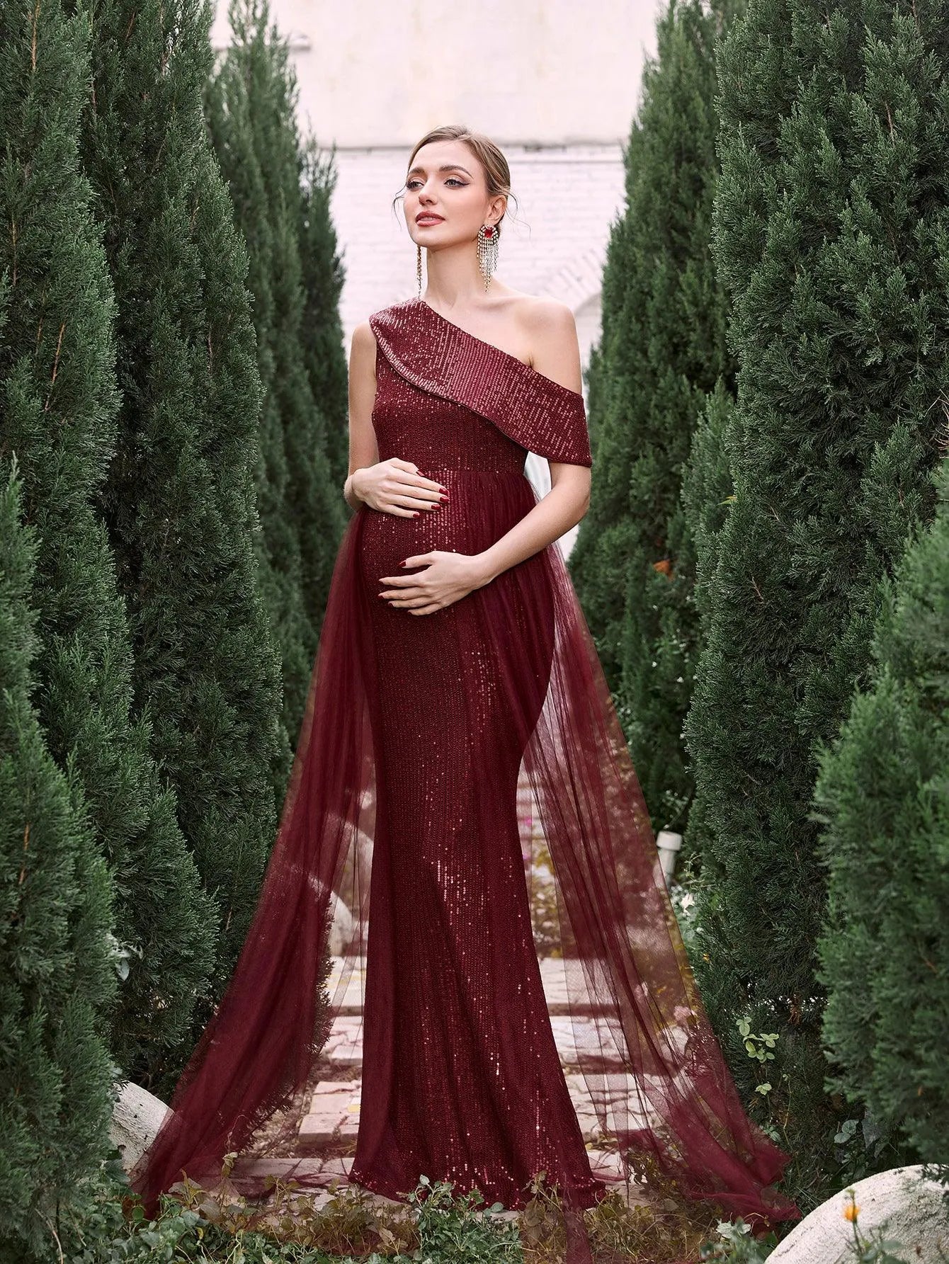 Maternity Sloping Collar Mesh Overlay Sequin Formal Dress