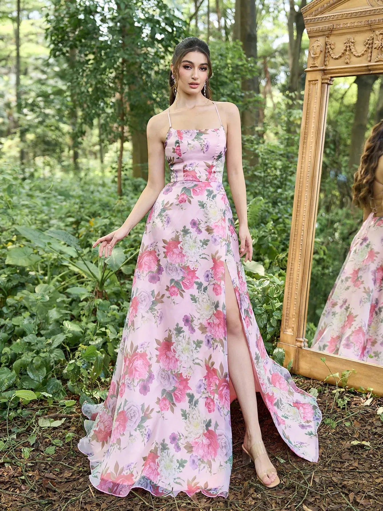 Elegant Lace Up Backless Floral Printed Organza Slip Prom Dress