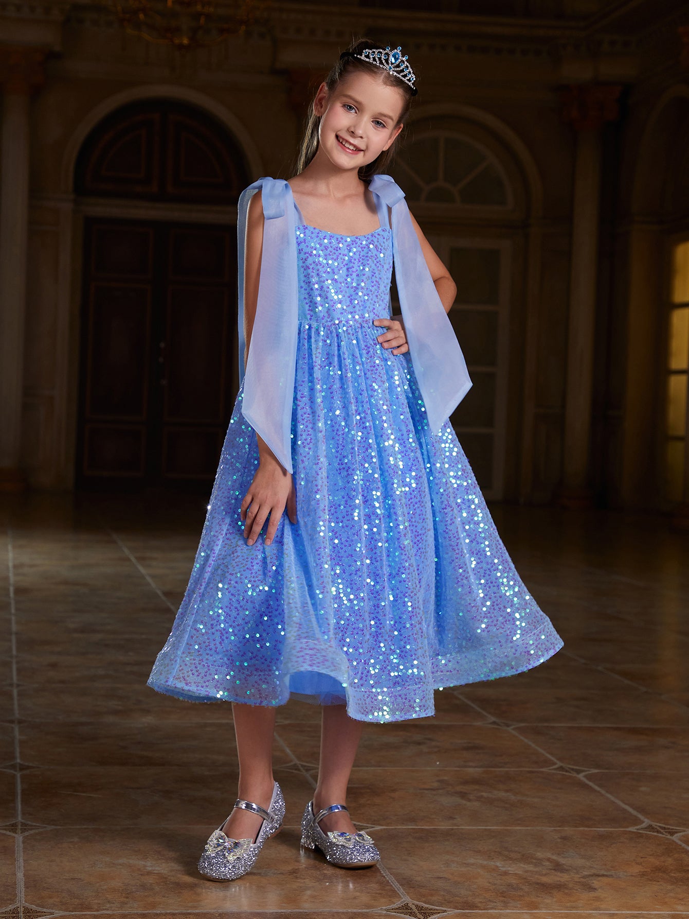 Girl's Tie Shoulder Sequin Party Dress