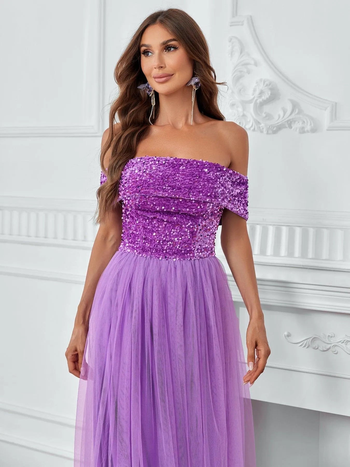 Off Shoulder Sequin Bodice Mesh Hem Dress