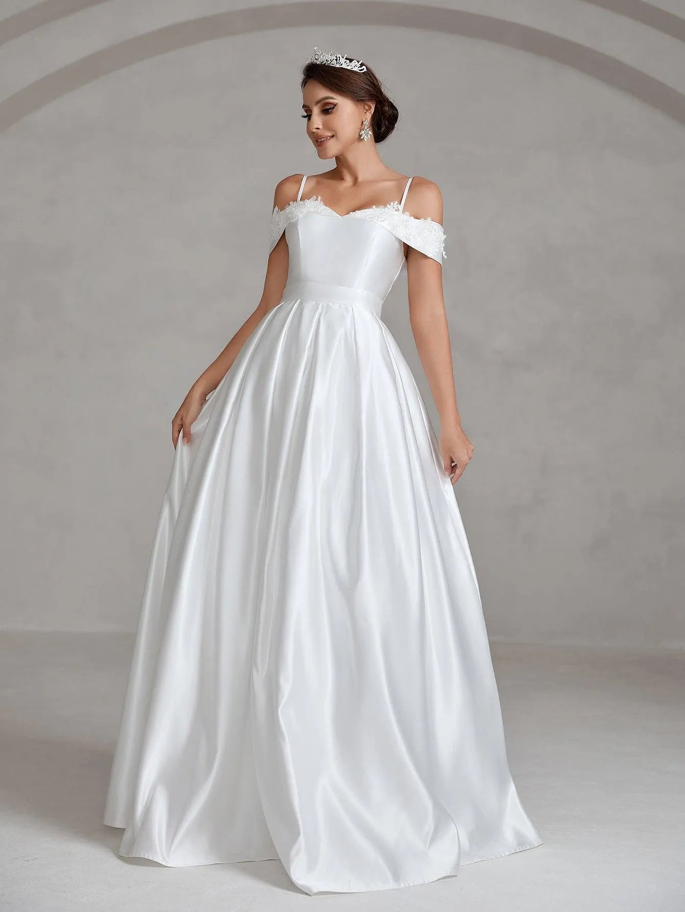 Floral Applique Cold Shoulder Satin Wedding Dresses