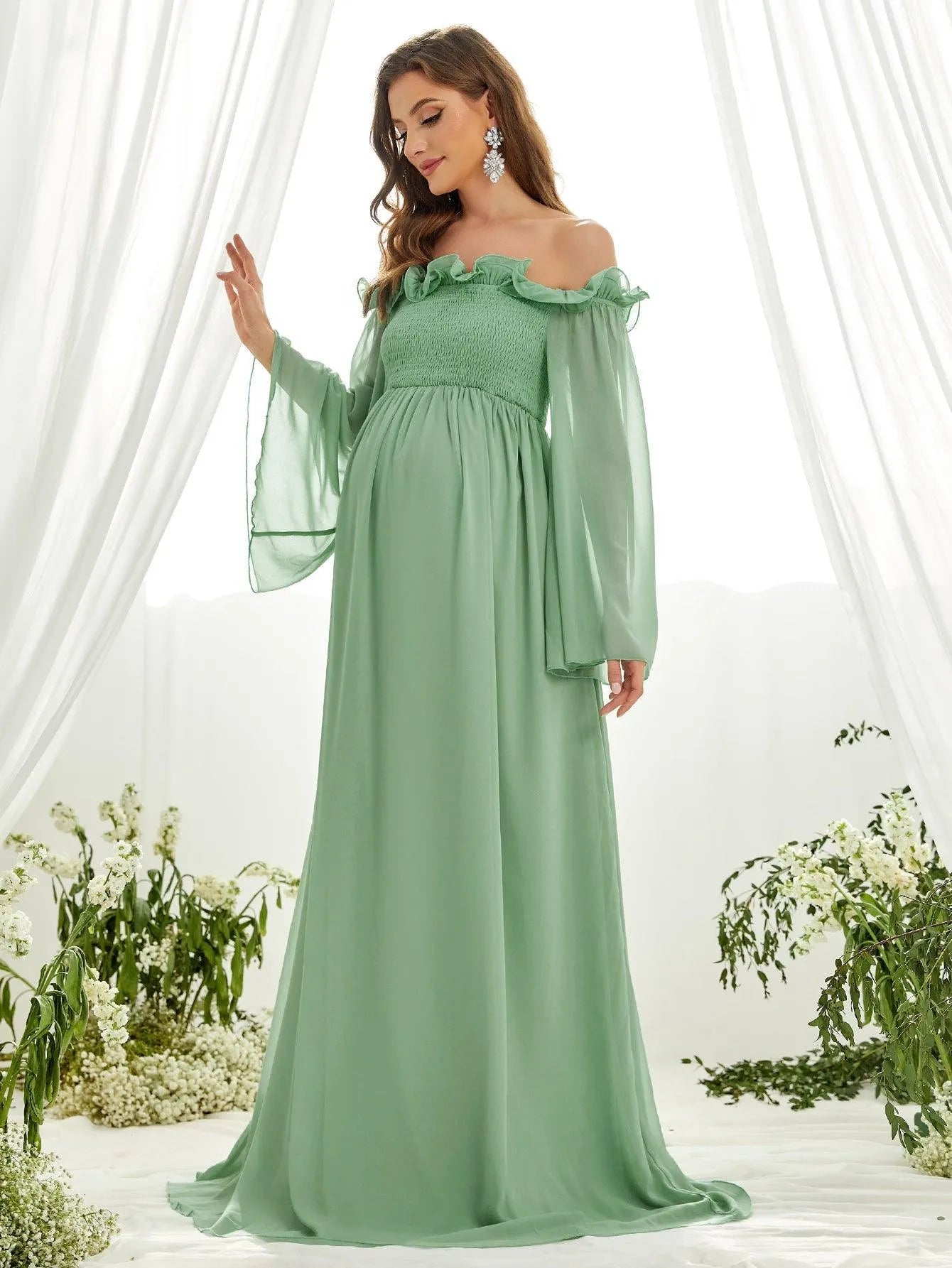 Maternity Off Shoulder Ruffle Trim Shirred Chiffon Dress