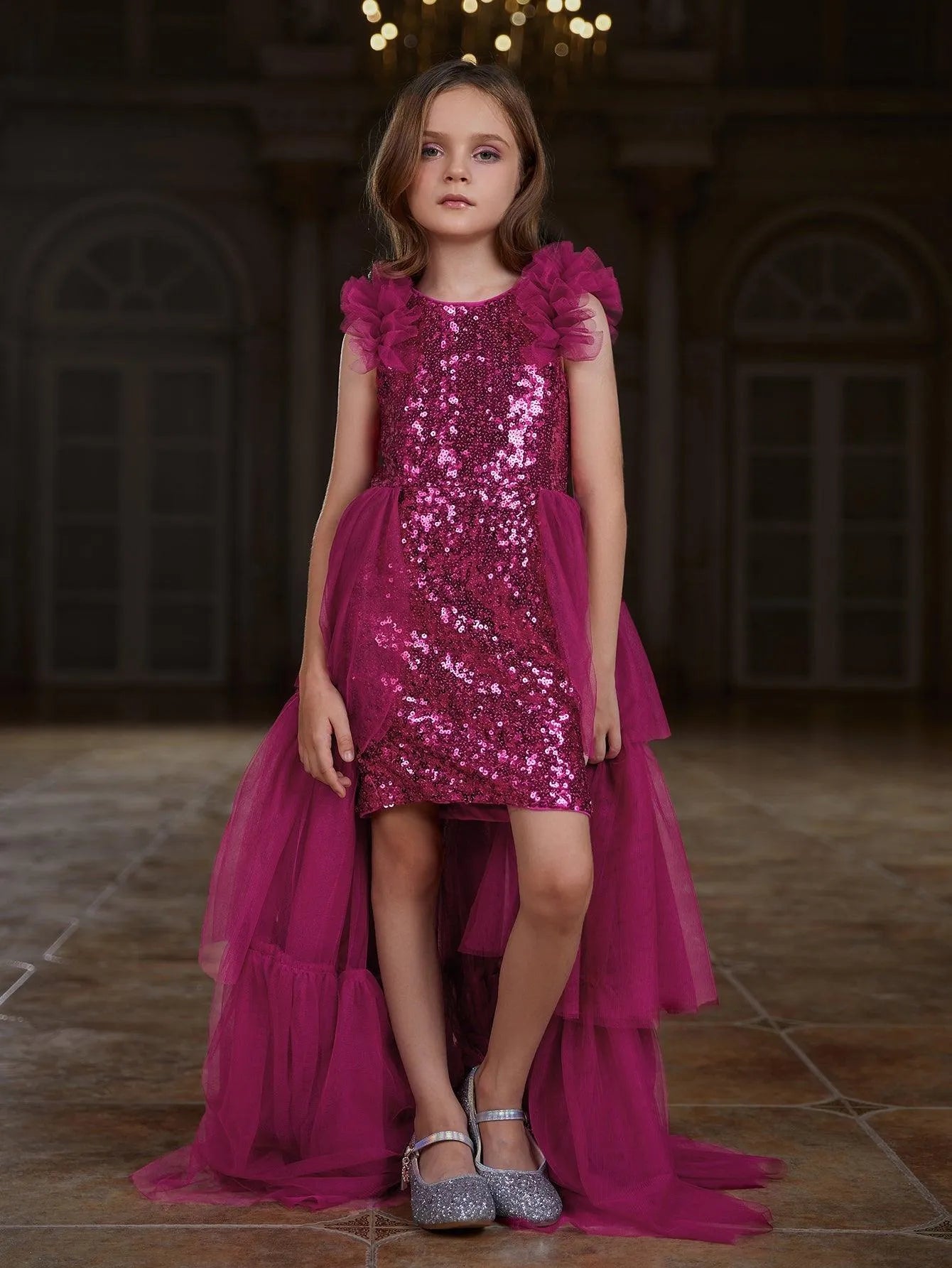 Tween Girls' Sleeveless Mesh Layered Hem Sequin Party Dress