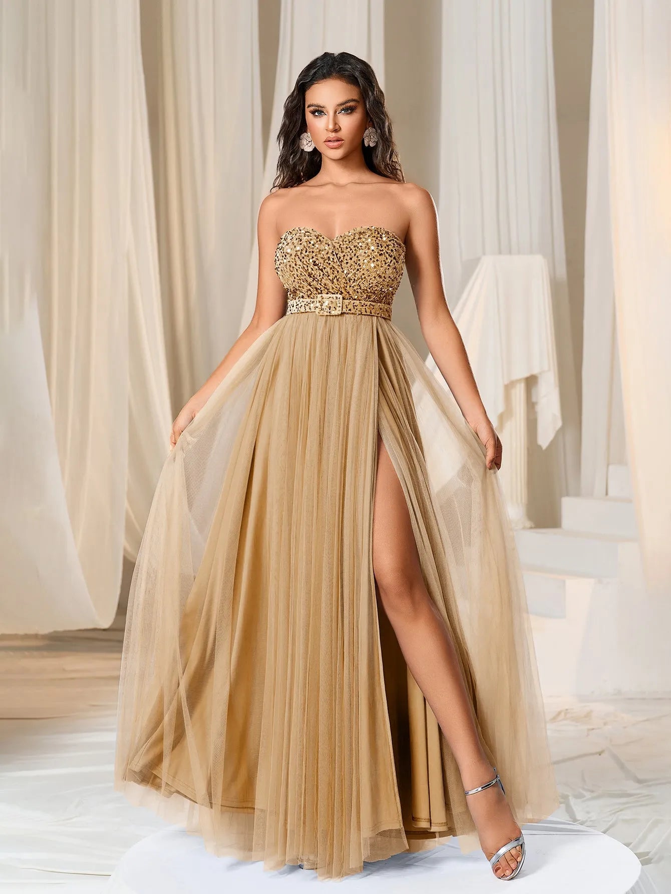 Elegant Strapless Split Thigh A-line Formal Evening Dress