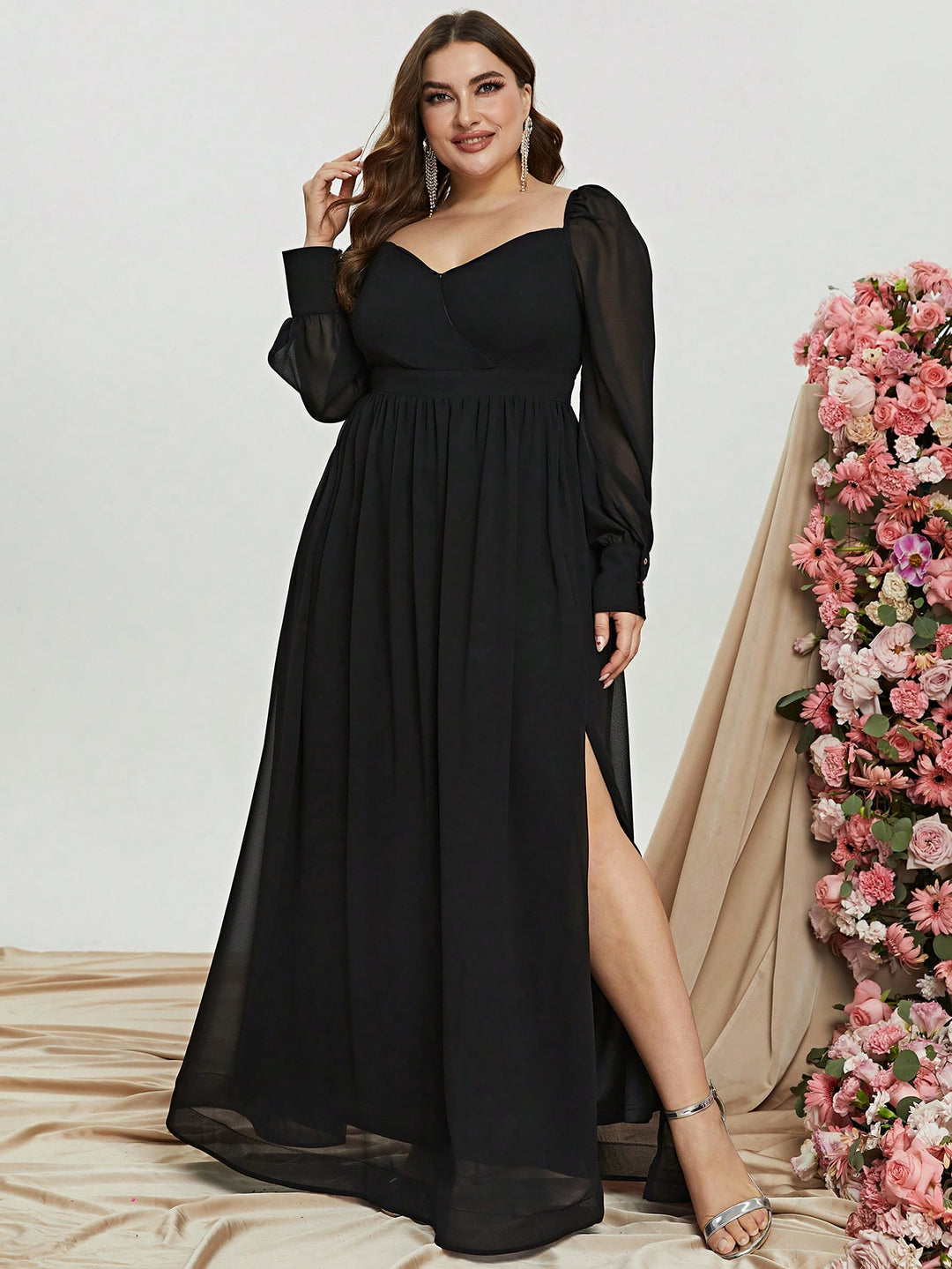 Plus Size Sweetheart Backless Long Sleeve Chiffon A line Dresses