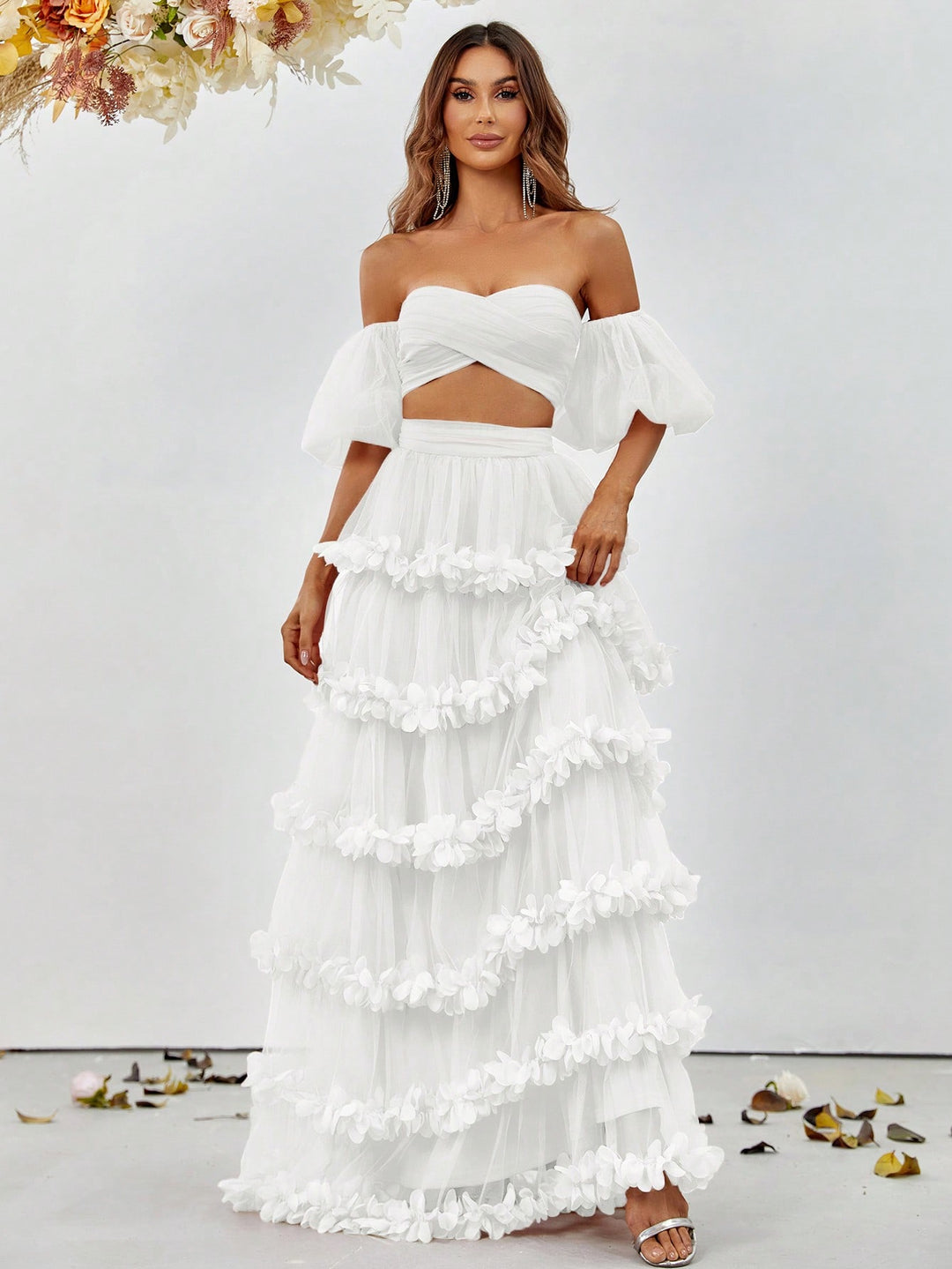 Off Shoulder Puff Sleeve Crop Top & Frill Trim Mesh Skirt