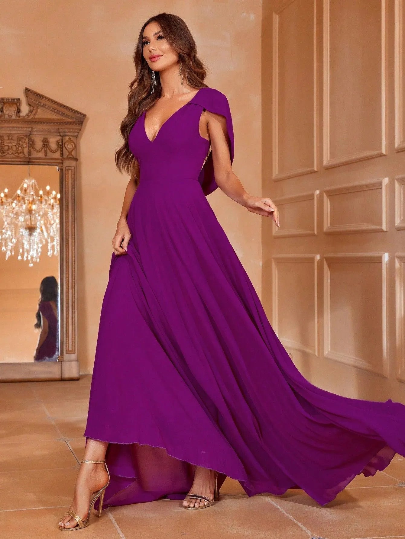 Solid V Neck Draped Back Chiffon A Line Dress