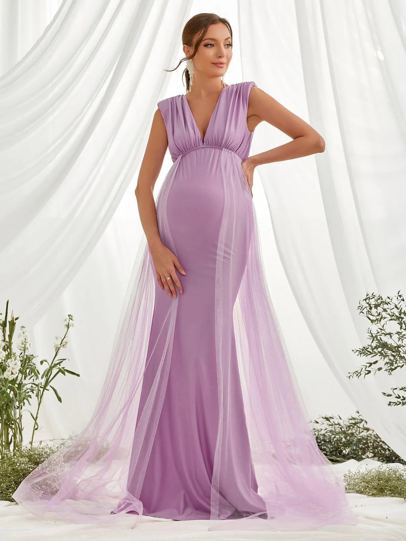 Maternity Plunging Neck Sleeveless Contrast Mesh Party Dress