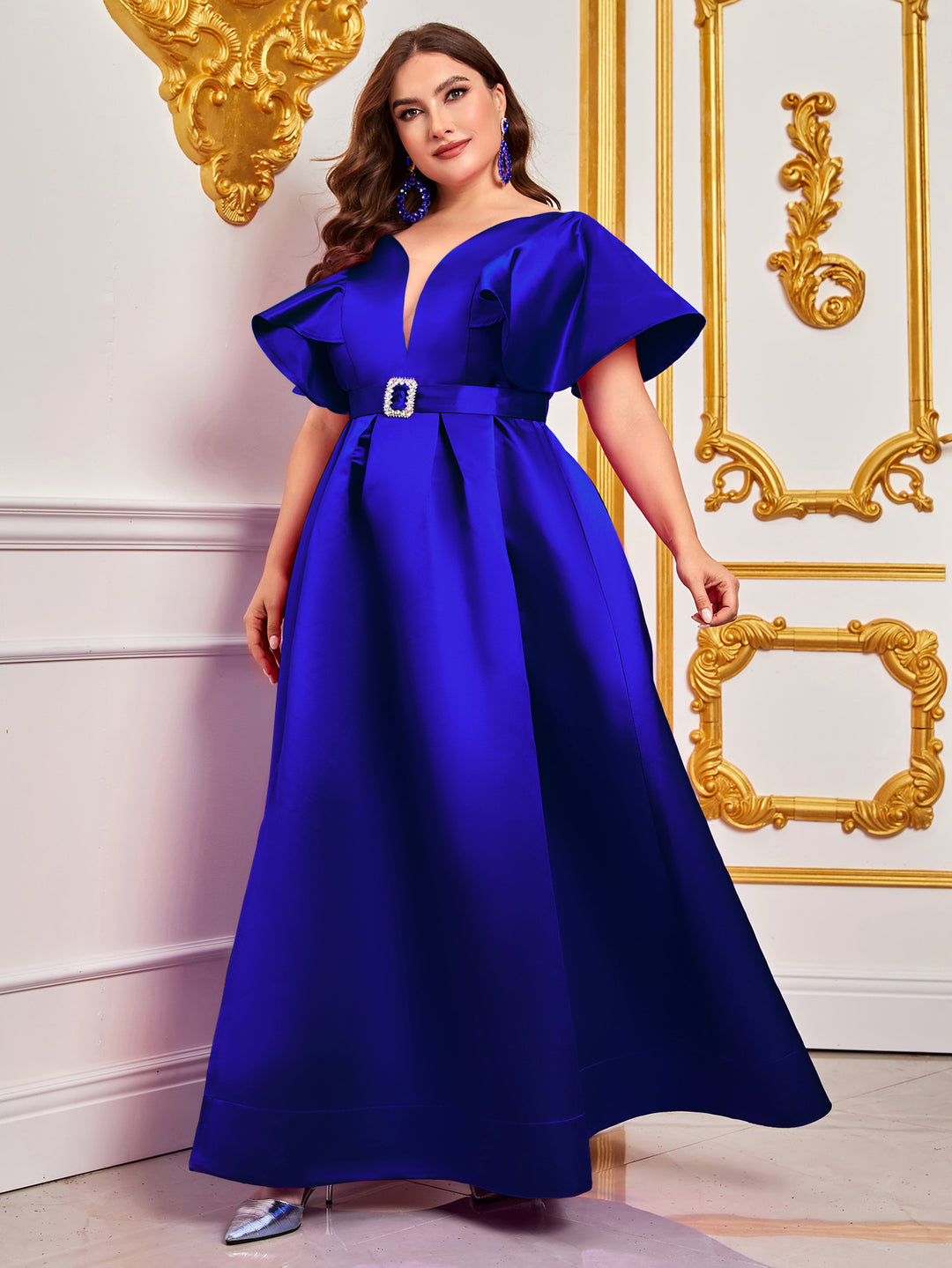 Plus Rhinestone Detail Belted Ruffle Sleeve Satin Dress