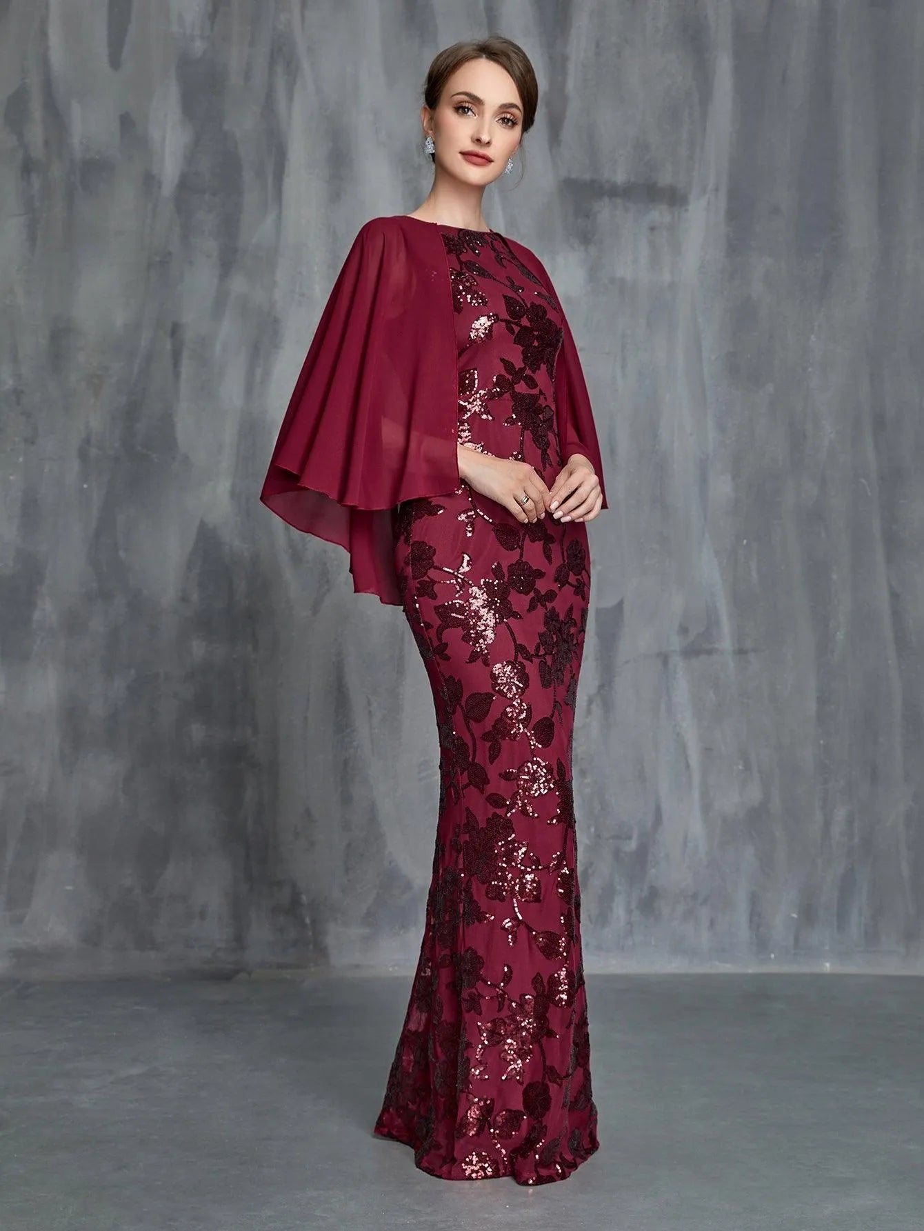 Womens' Mermaid Hem Sequin Formal Cape Dress